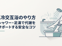 湯気の立つ浴室でシャワーのお湯と水を交互に手足に当てるイメージのやさしいイラスト