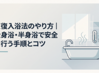 湯気の立つ浴槽と湯温計・タイマーが並ぶ明るい浴室のイラスト