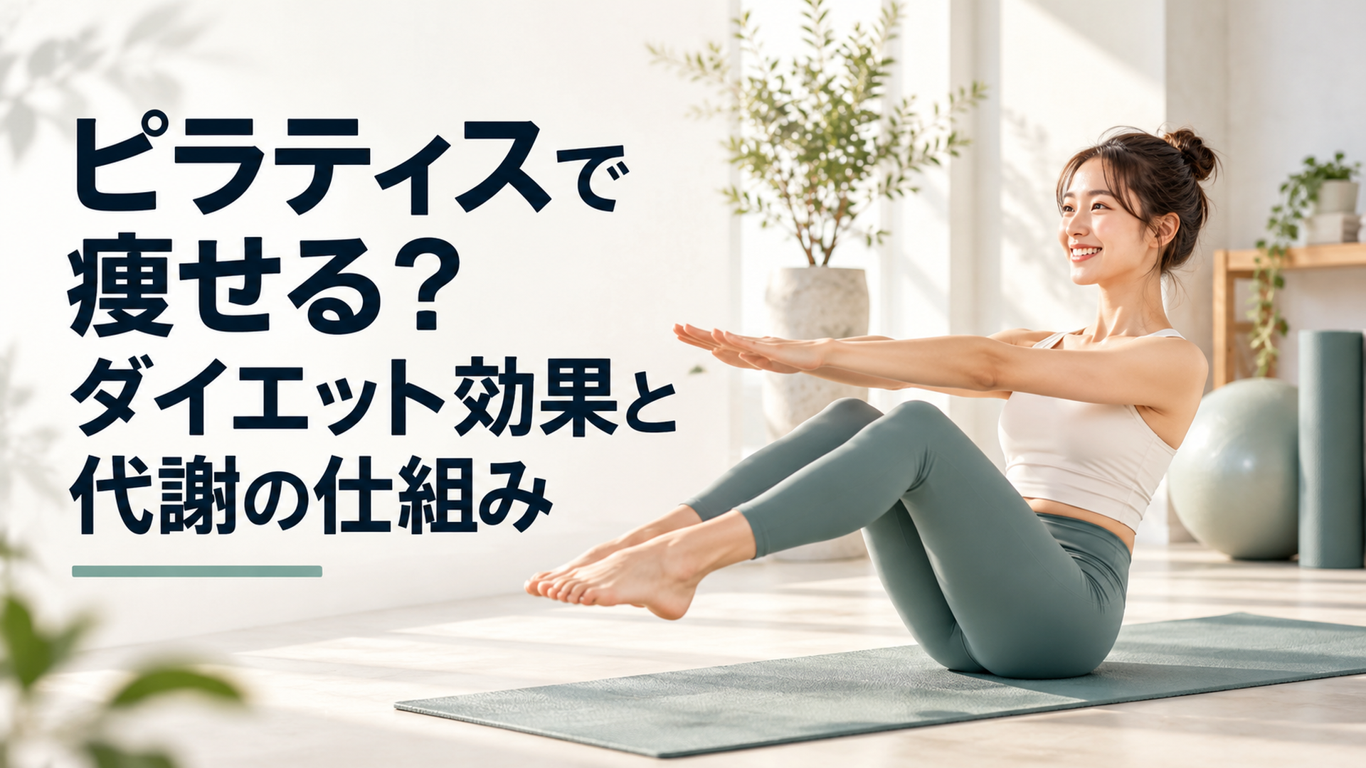 明るいスタジオでマットに座り体幹エクササイズをする笑顔の女性の実写写真