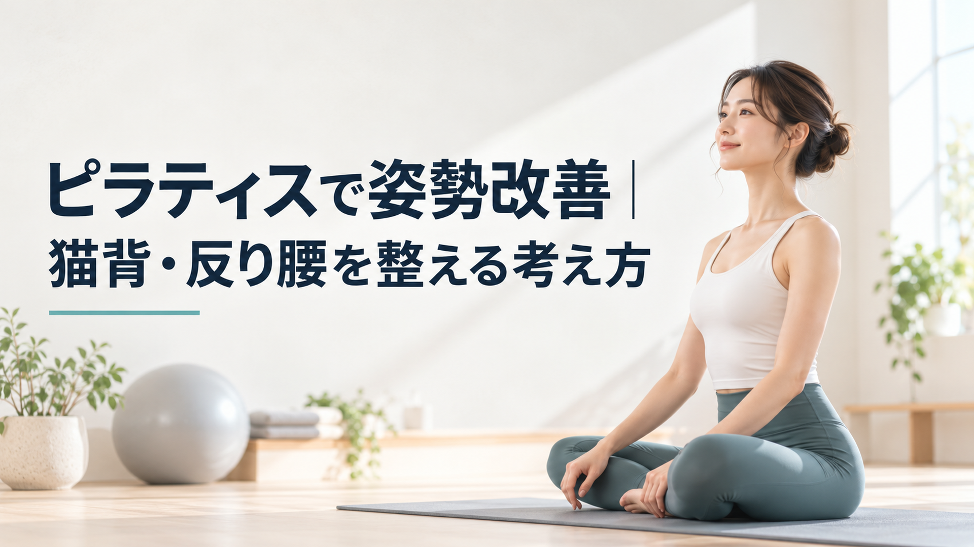 明るいスタジオのマットの上で背筋をすっと伸ばして座る女性の実写写真