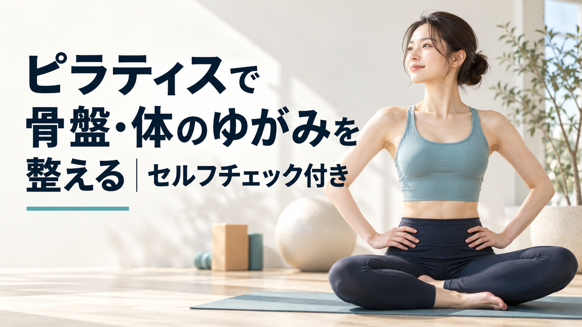 明るいスタジオでマットに座り骨盤に手を当てて姿勢を整える女性の実写写真