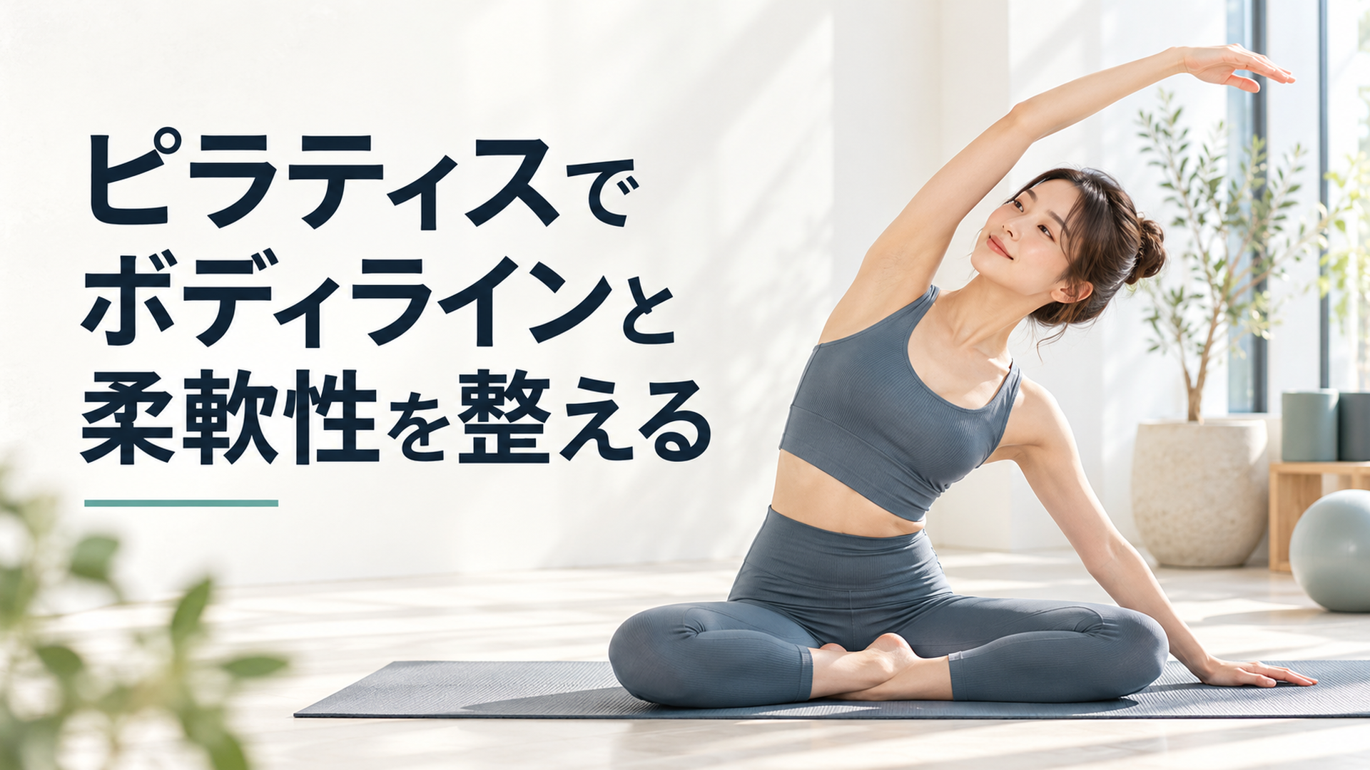明るいスタジオでマットに座り体側を伸ばす女性のリアルな写真