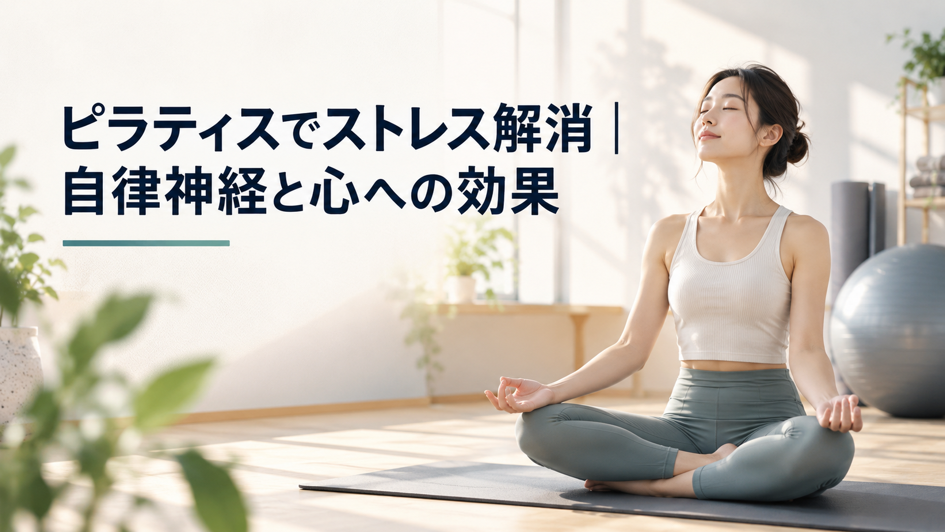 明るいスタジオのマットの上で目を閉じて深呼吸する女性のリアルな写真