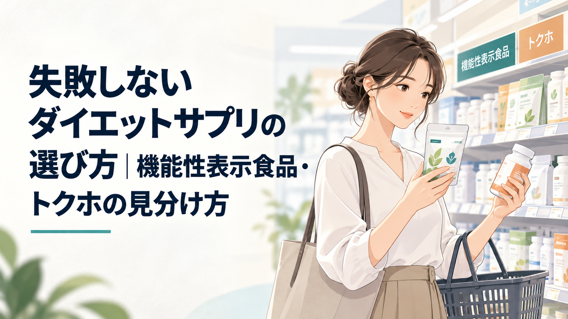 ドラッグストアの棚の前でサプリのパッケージを手に取り見比べる日本人女性