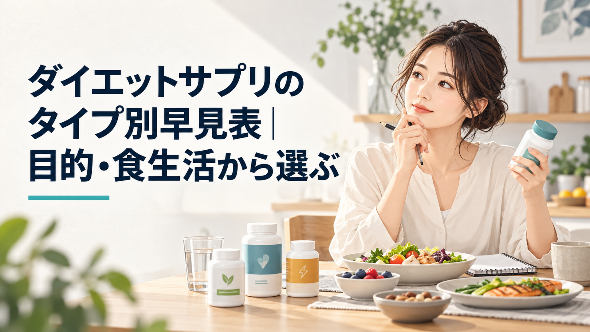 キッチンのテーブルでサプリのボトルと食事を前に選び方を考える日本人女性