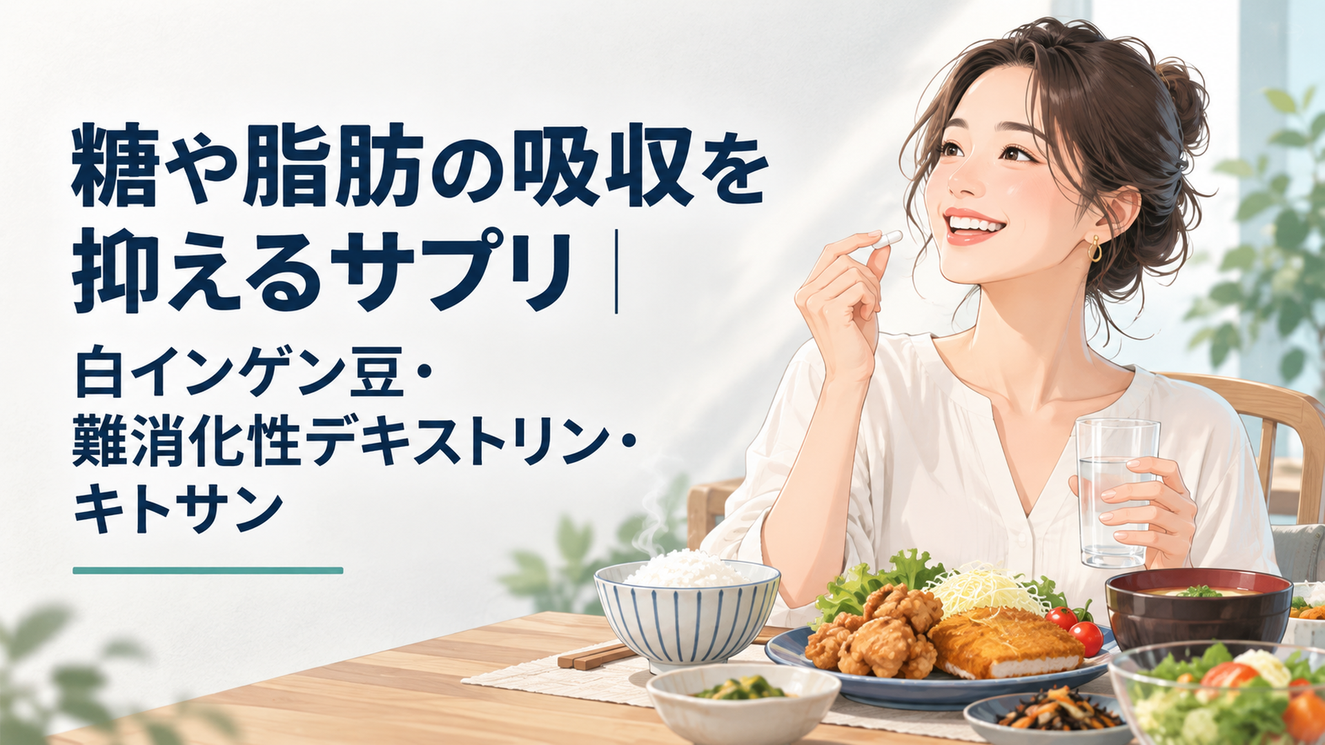 ご飯や揚げ物が並ぶ食卓でサプリのカプセルを手に持つ笑顔の女性