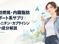 ウォーキングウェア姿でサプリのボトルを手に微笑む女性