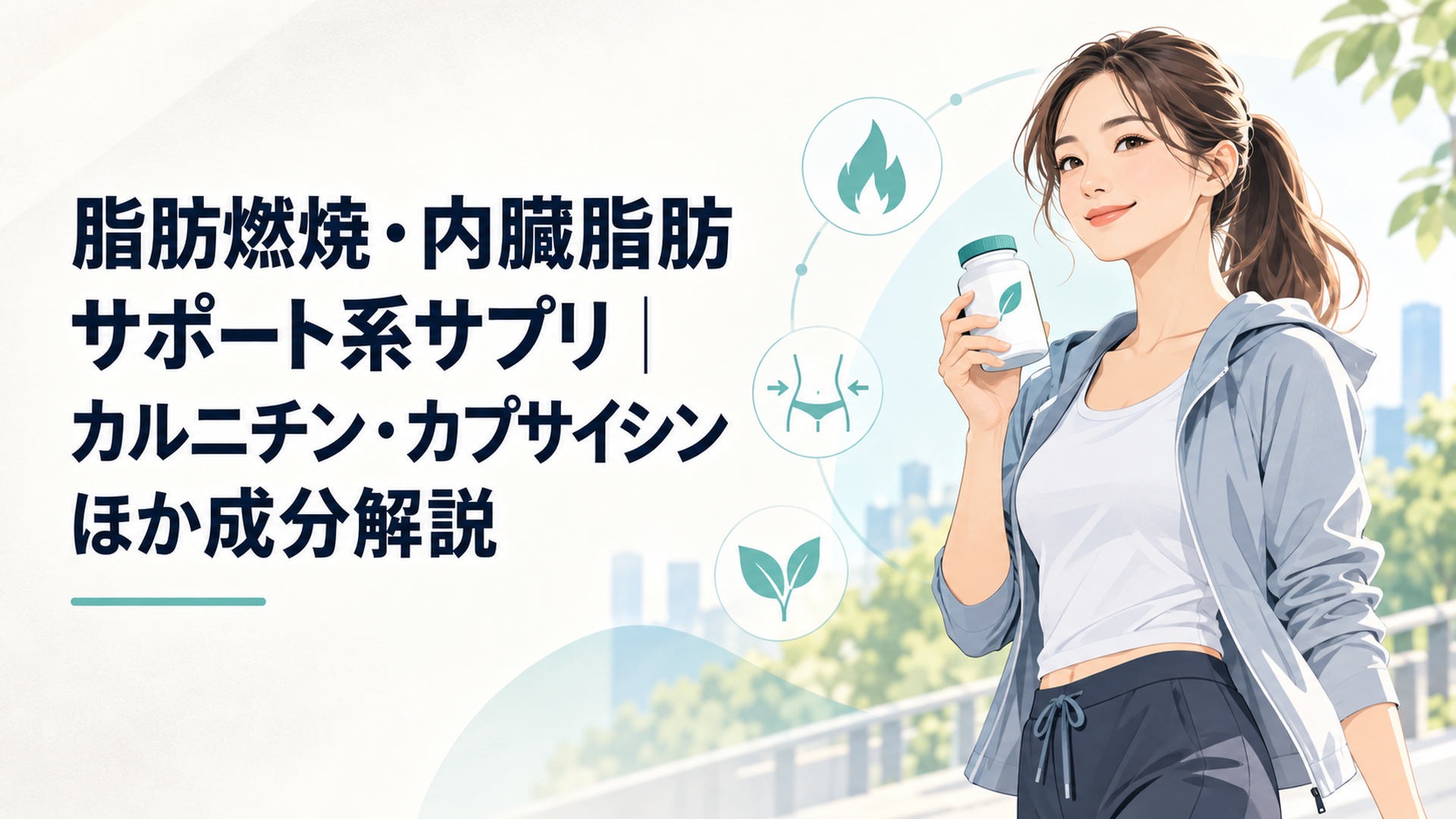 ウォーキングウェア姿でサプリのボトルを手に微笑む女性