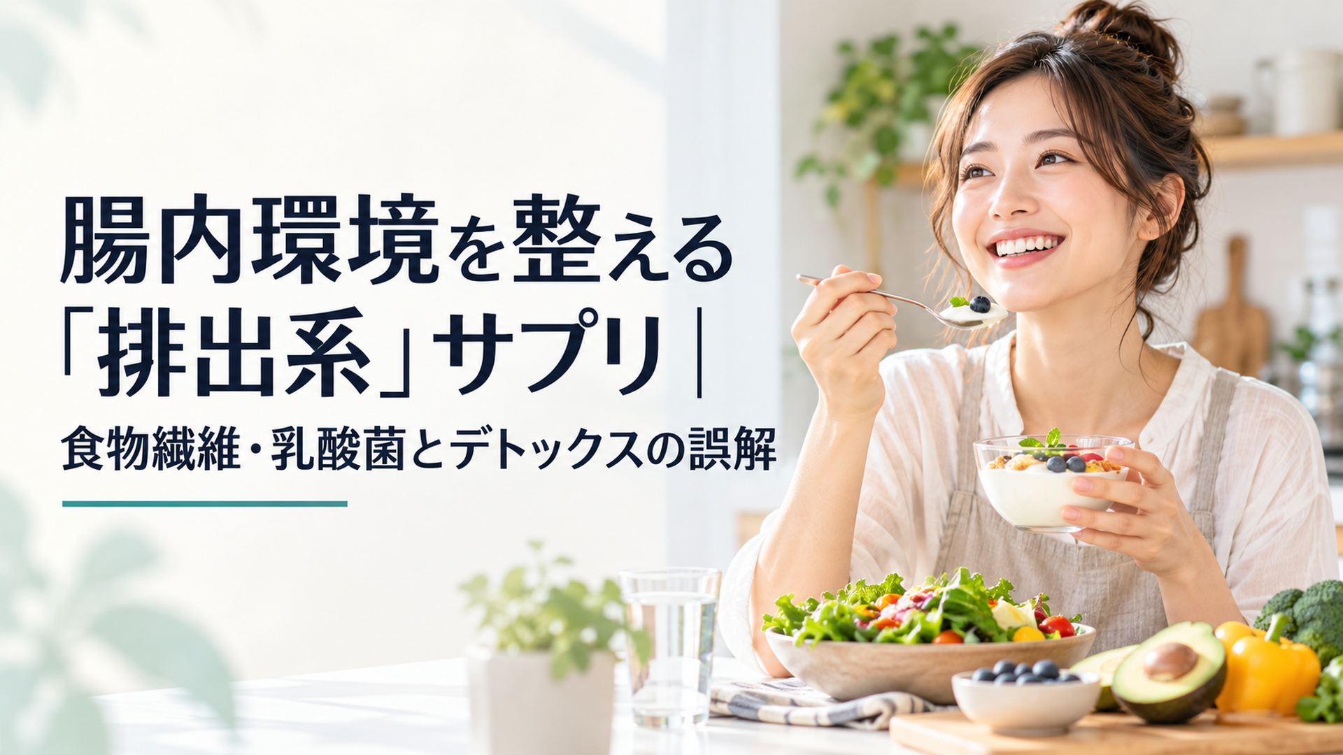 明るいキッチンでヨーグルトと野菜の朝食をとる笑顔の女性の写真