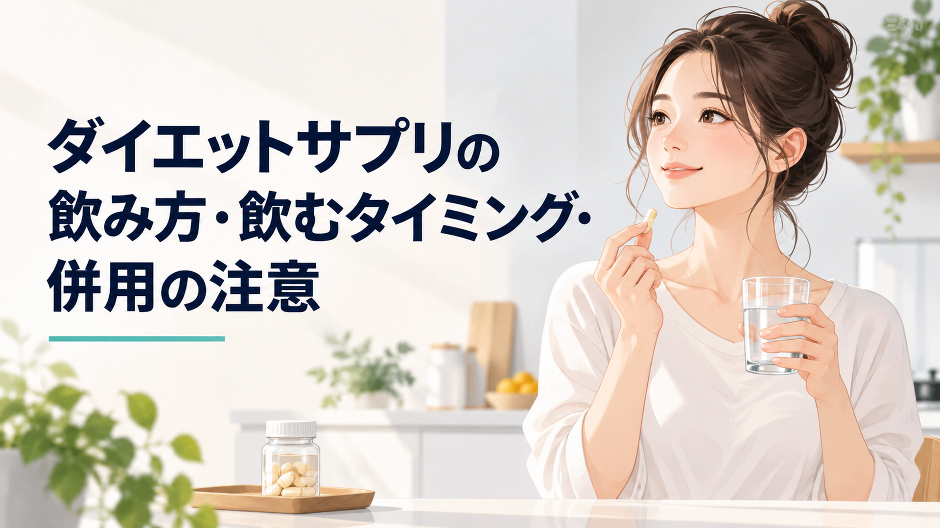 明るいキッチンで水の入ったグラスとサプリのカプセルを手に持つ女性