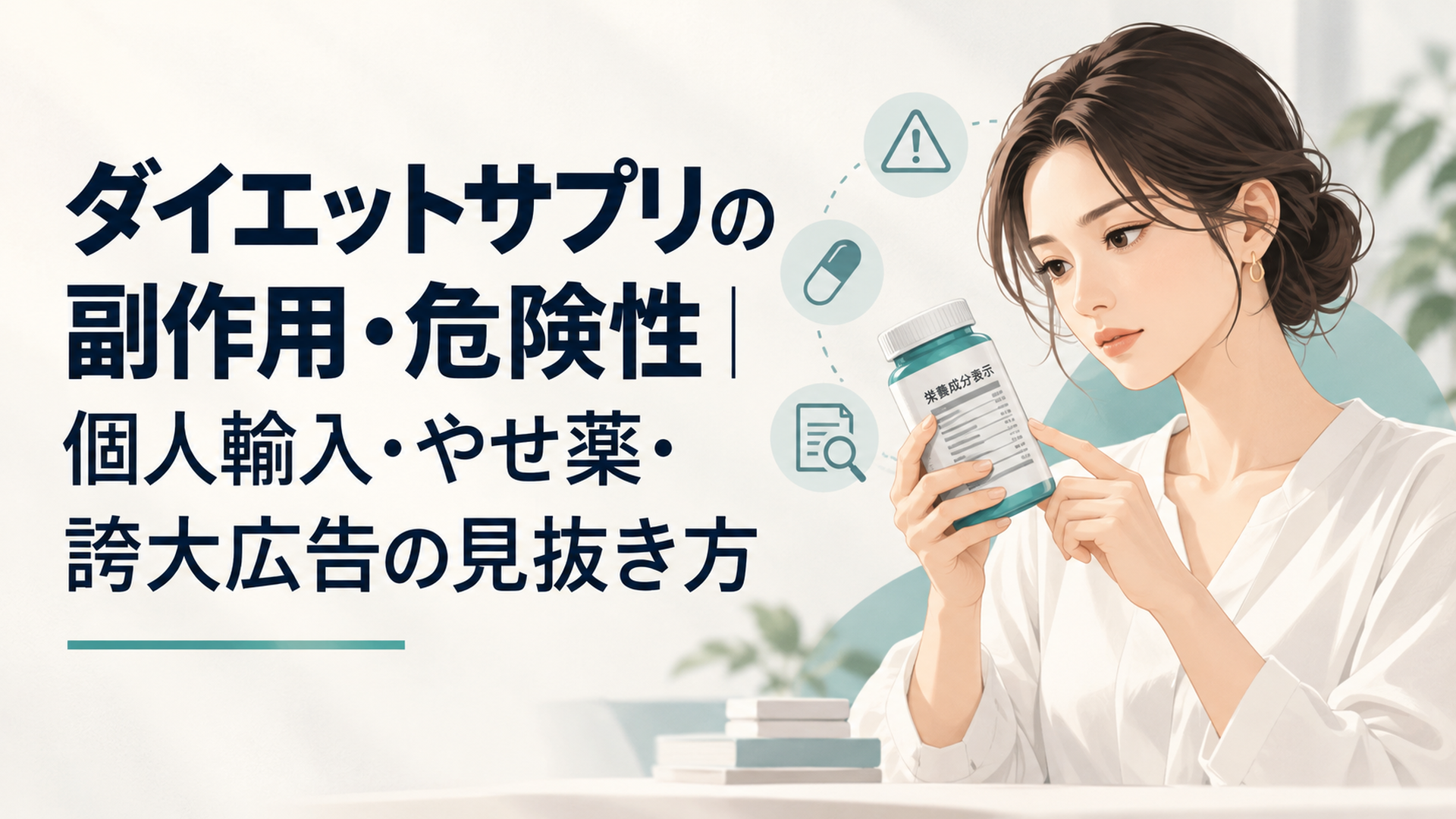 サプリのパッケージを手に取り成分表示を真剣に確かめる女性