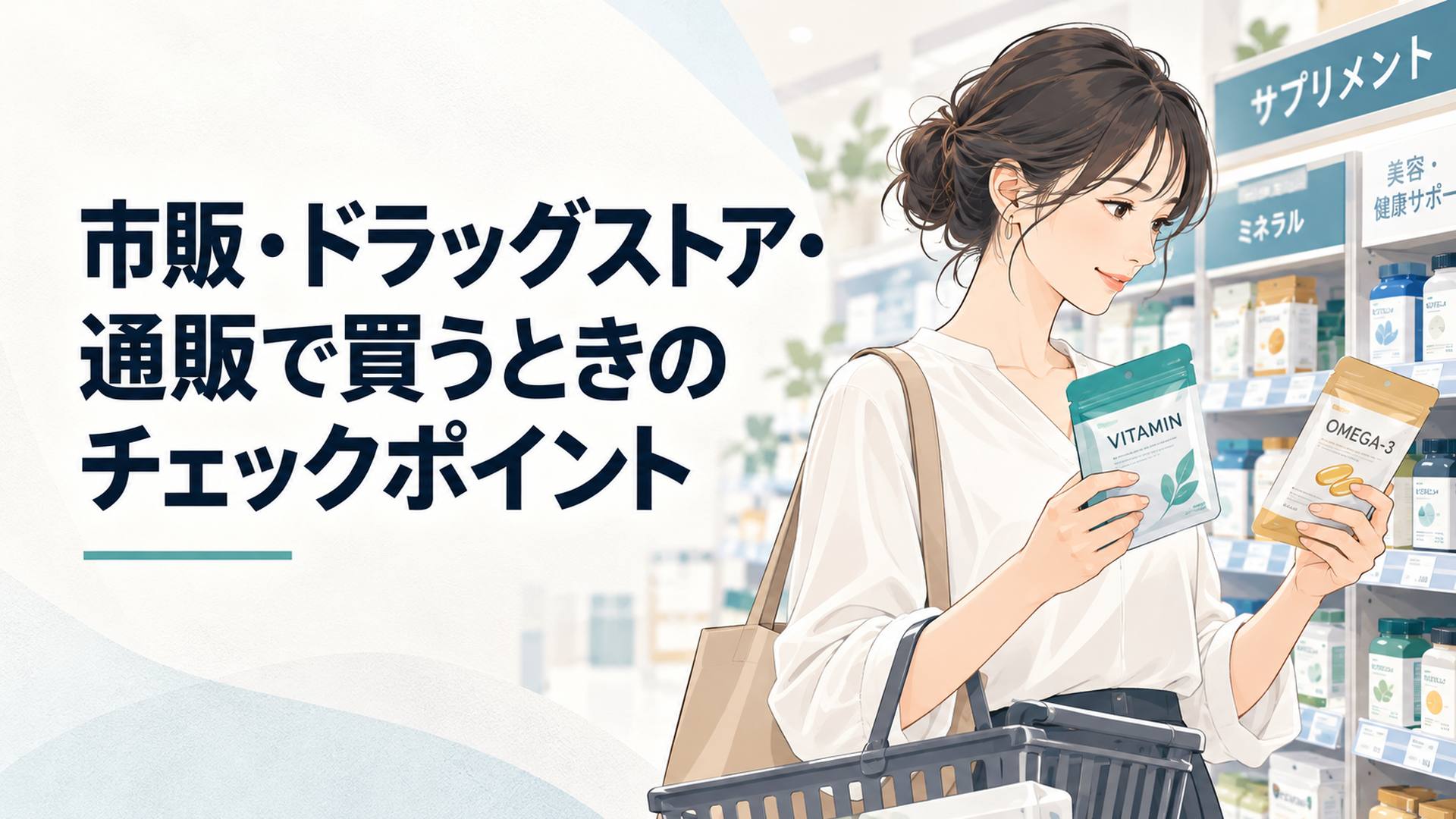 ドラッグストアのサプリ売り場で商品パッケージを手に取って見比べる女性
