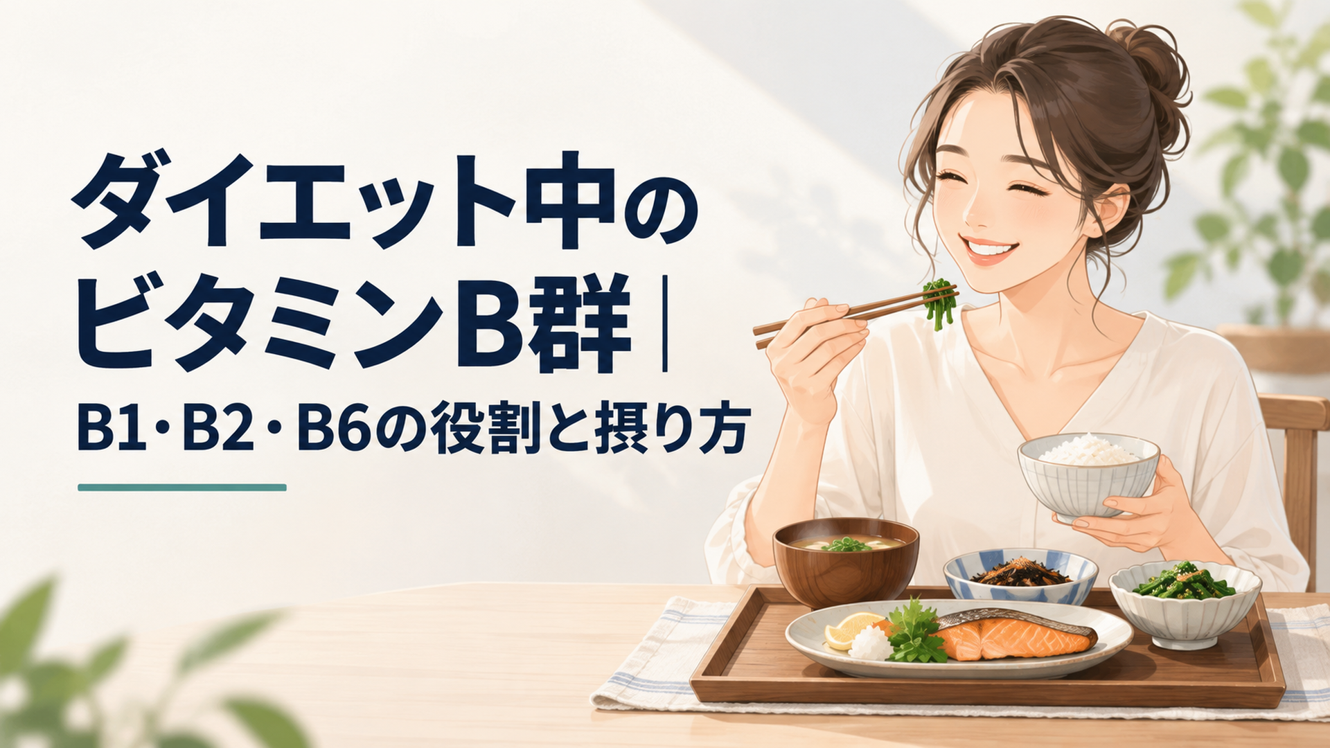 主食・主菜・副菜がそろった和定食を前に笑顔で箸を取る女性