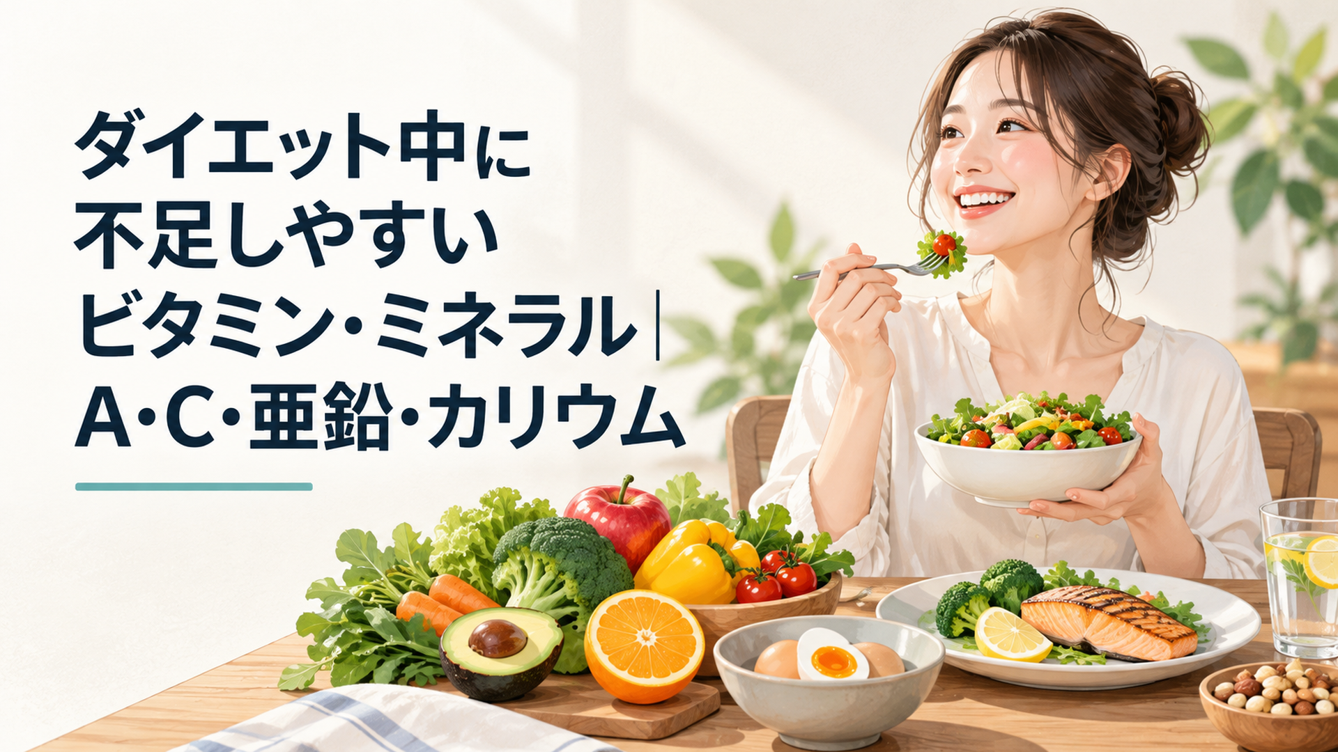 彩り豊かな野菜や果物、卵、魚が並ぶ食卓で笑顔の女性