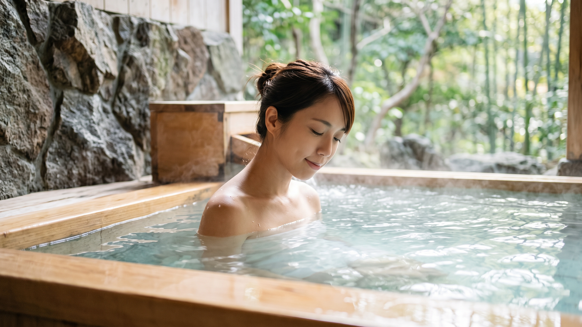 肩までお湯に浸かってリラックスする日本人女性の写真