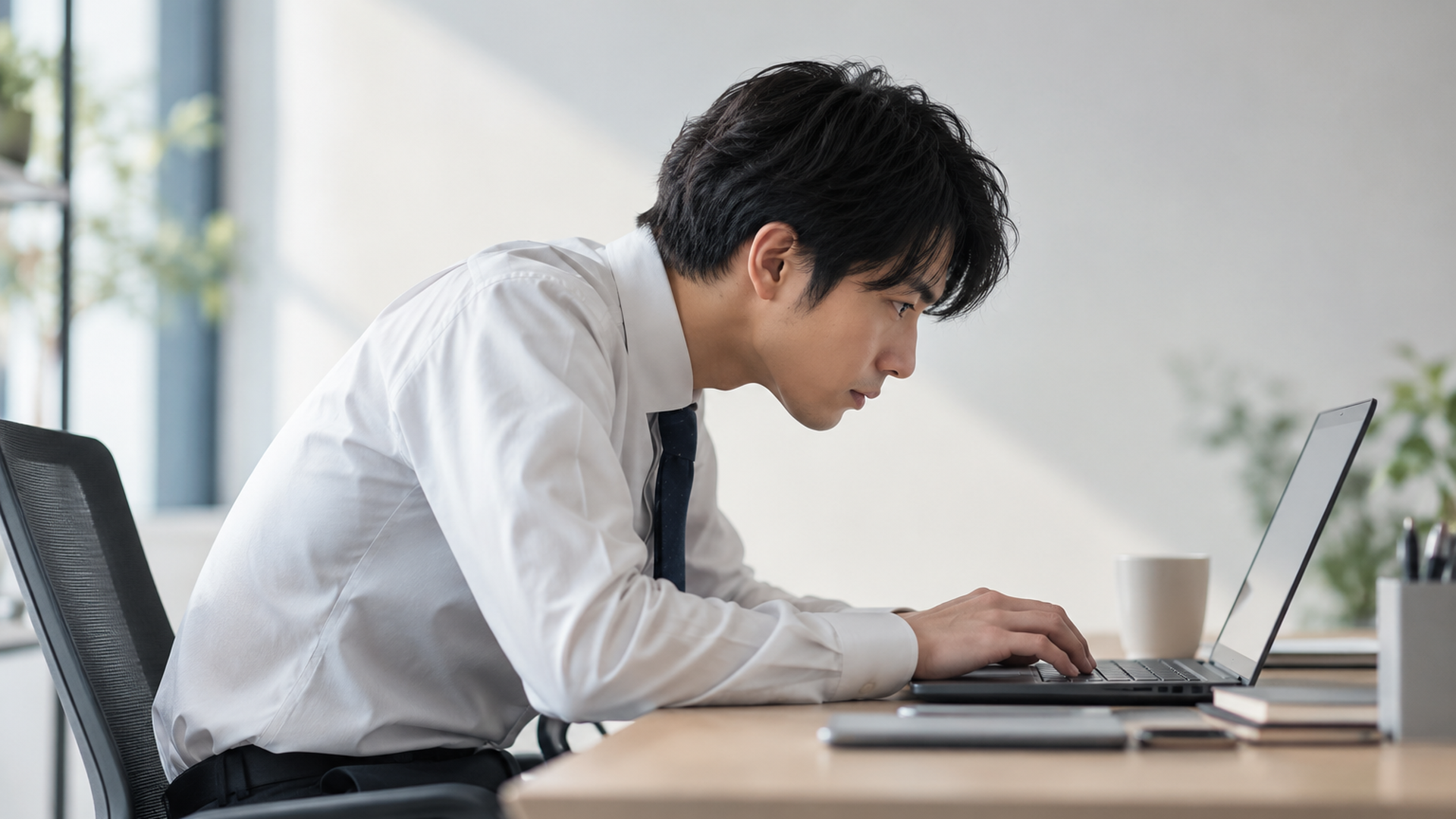 ノートPCに向かって背中を丸め頭が前に出ている会社員の実写写真
