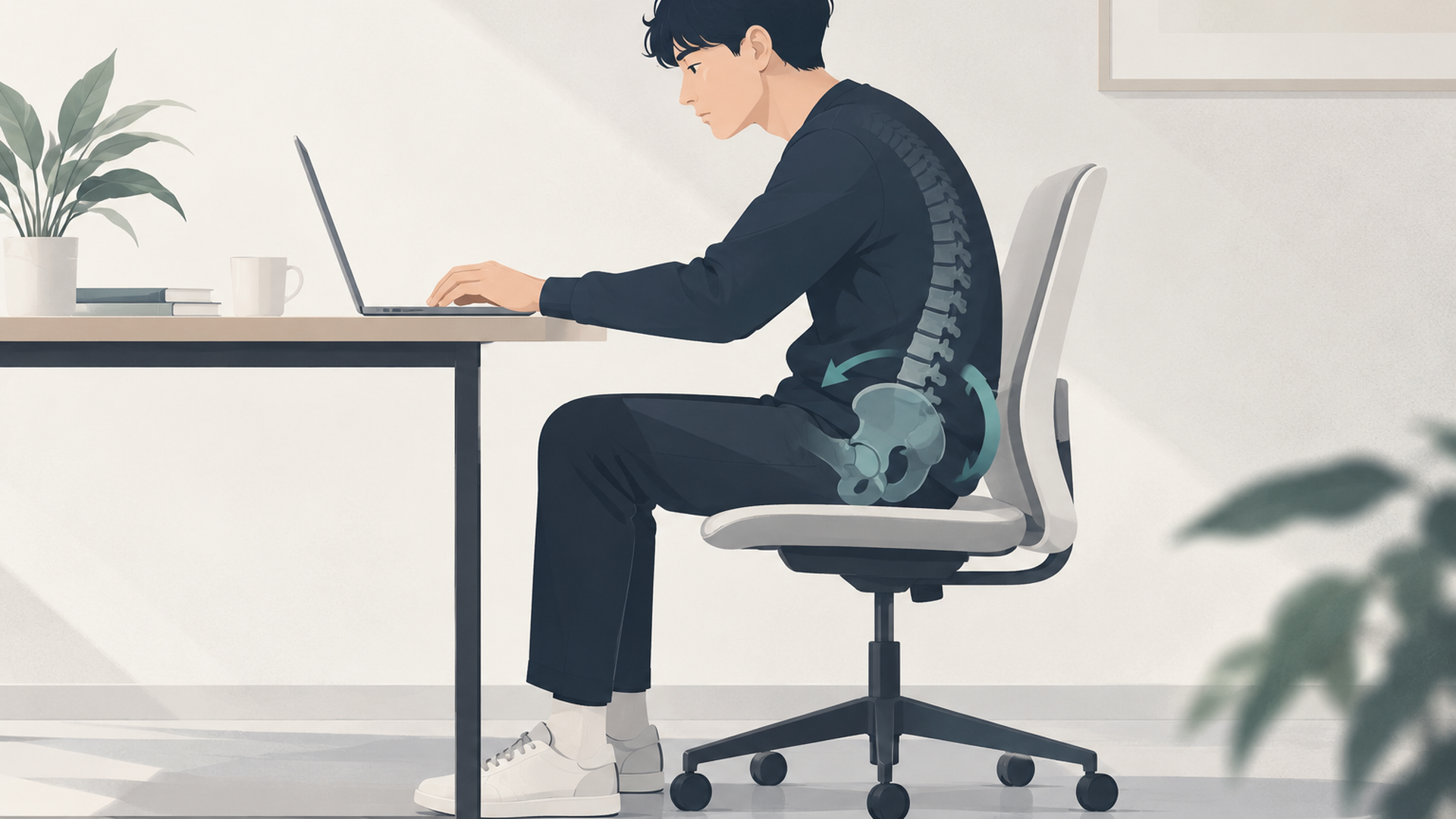 デスクで長時間座り骨盤が後ろに傾いた姿勢の人のイラスト
