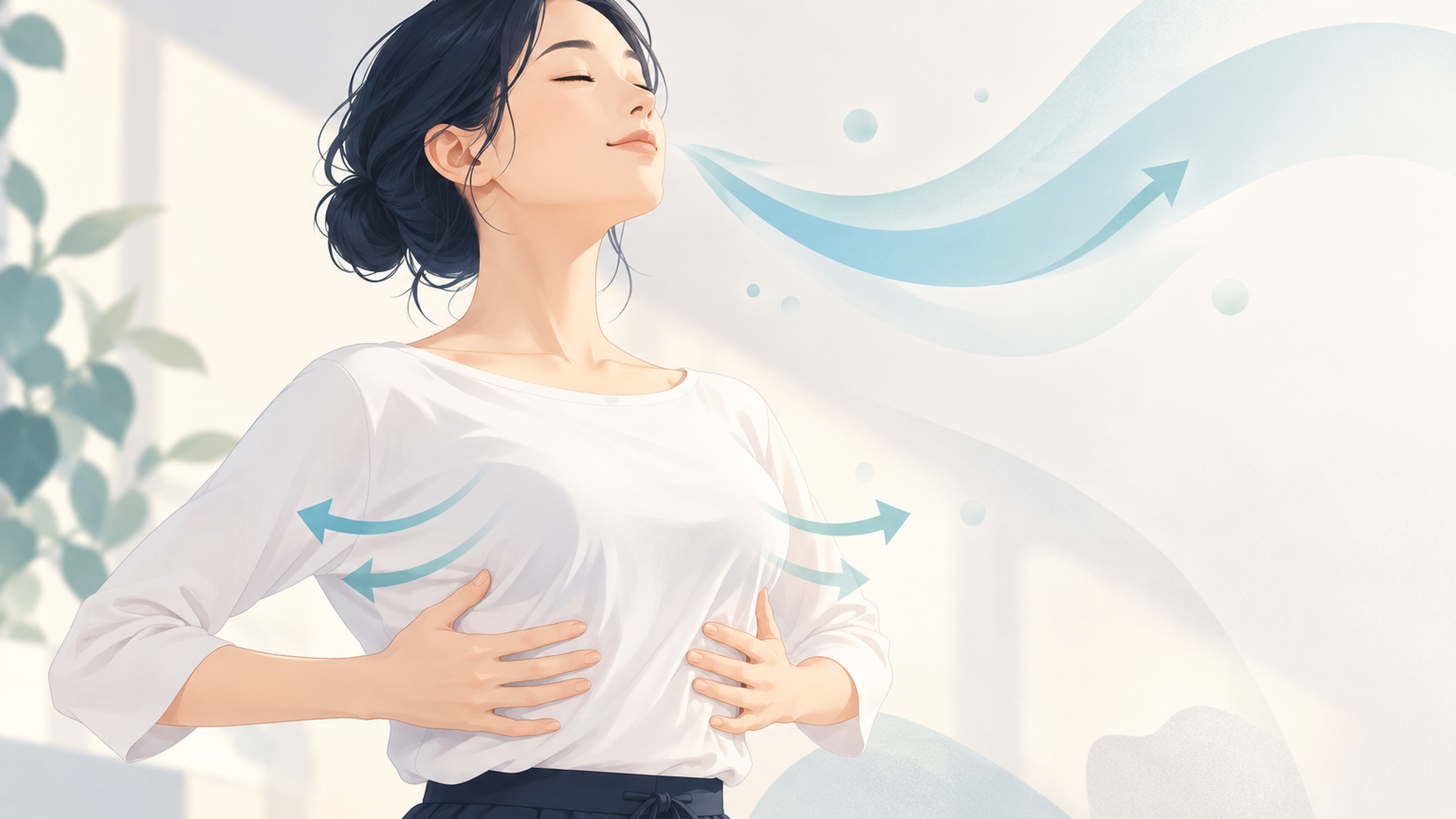 肋骨に手を添えて胸式呼吸をする人物と、空気の流れを示すやさしいタッチのイラスト