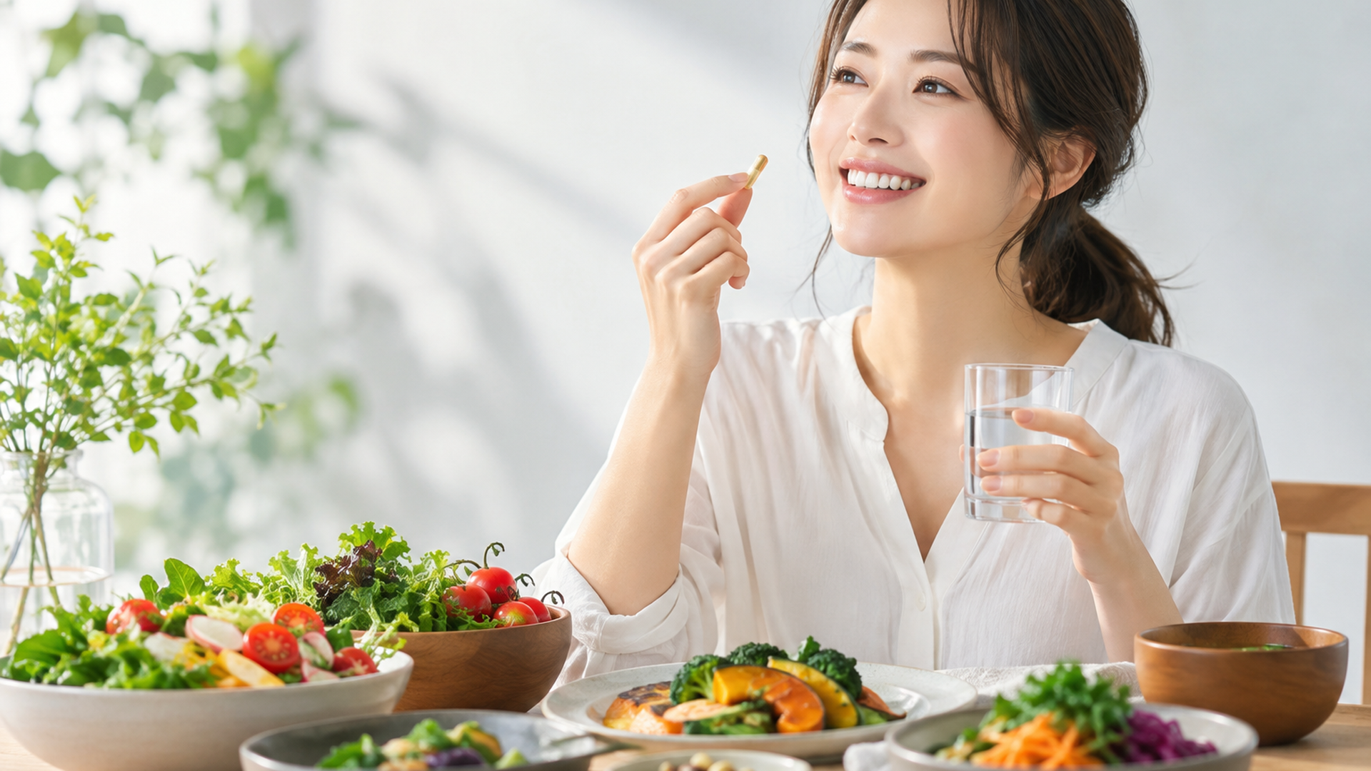 野菜中心の食事が並ぶ食卓で、サプリを手に笑顔を見せる女性の写真