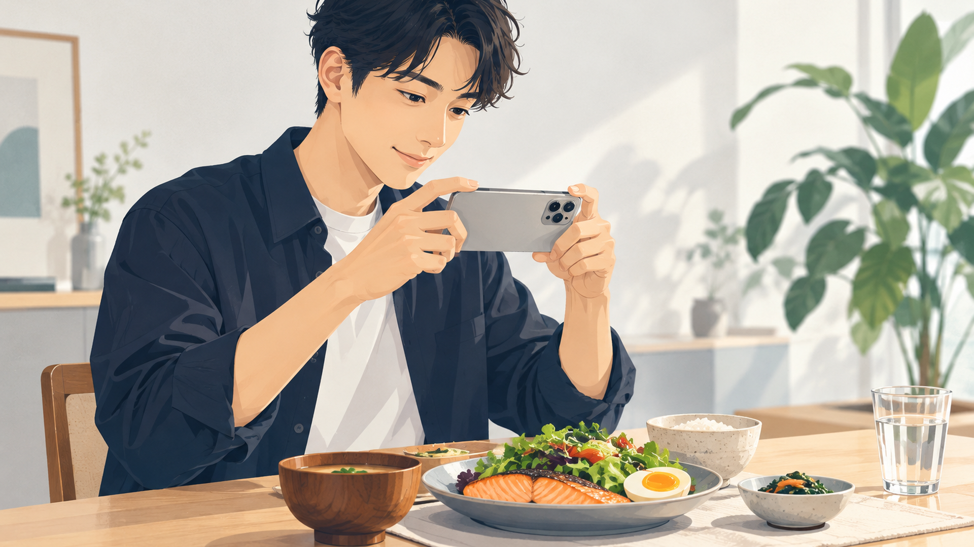 スマートフォンで食事の写真を撮って食生活を記録する日本人男性