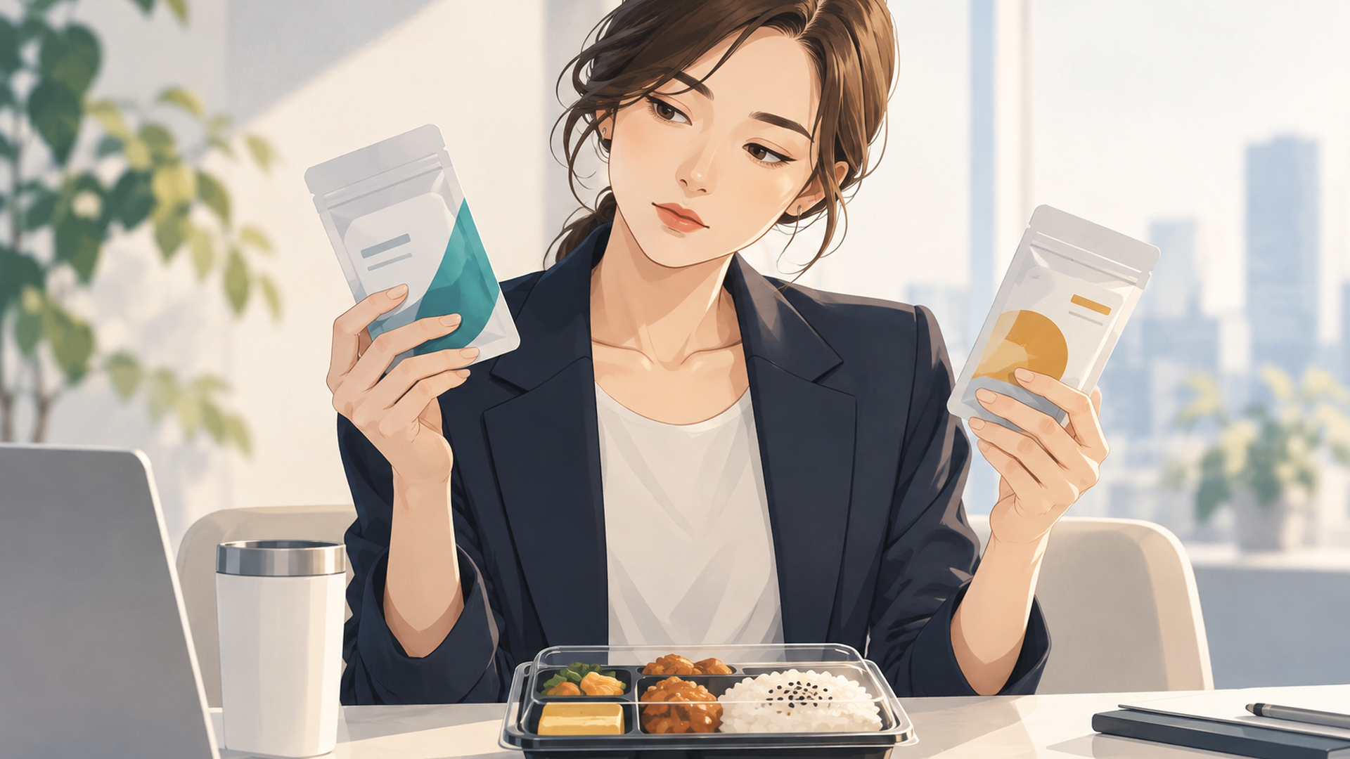 コンビニ弁当を前にサプリのパッケージを見比べる会社員の女性