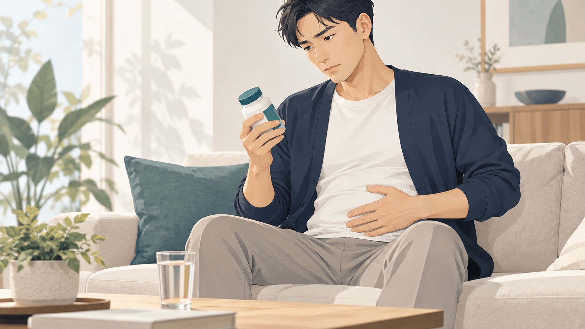 自宅のリビングでお腹まわりを気にしながらサプリのボトルを見つめる男性