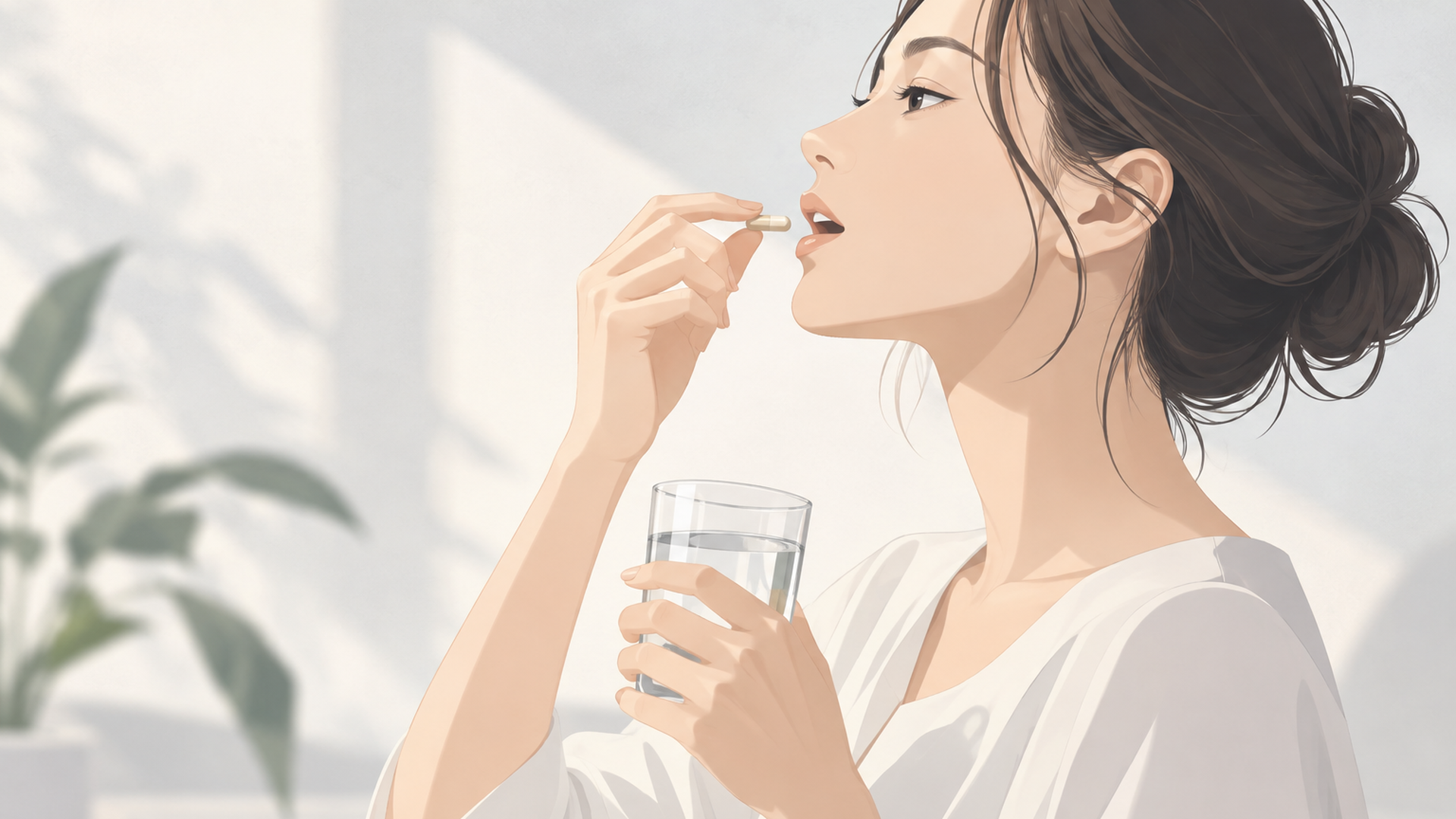 コップ1杯の水でサプリのカプセルを飲む女性の横顔