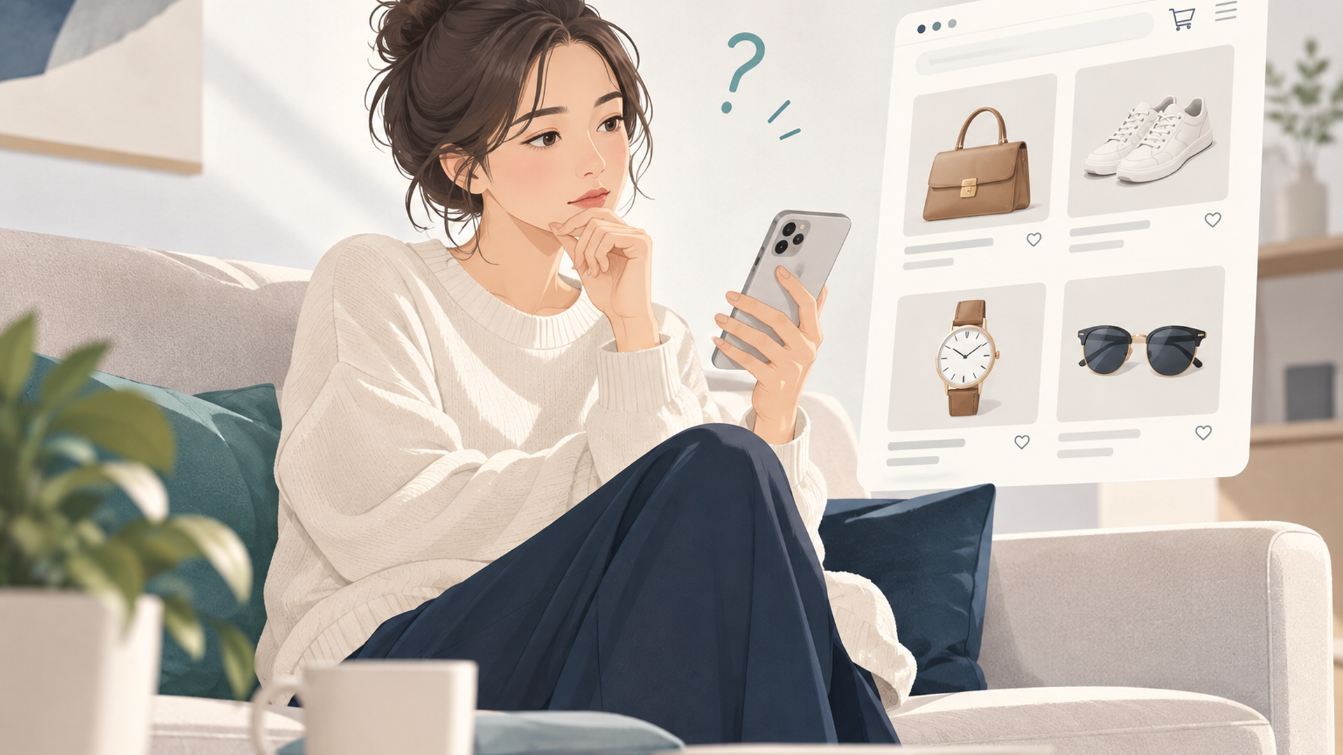 自宅のソファでスマホの海外通販サイトを見ながら迷う女性
