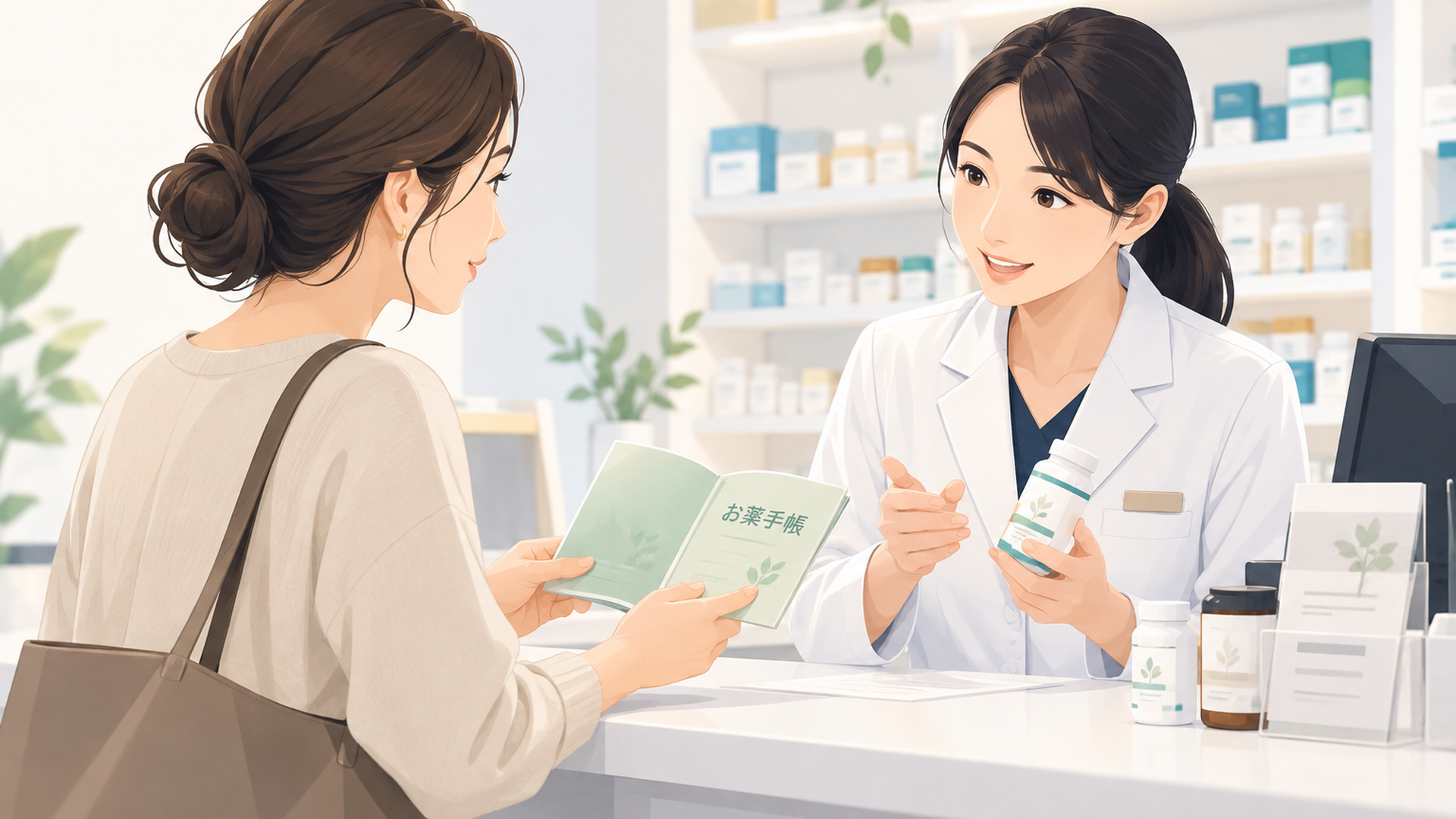 薬局のカウンターで薬剤師にお薬手帳を見せながらサプリについて相談する女性客
