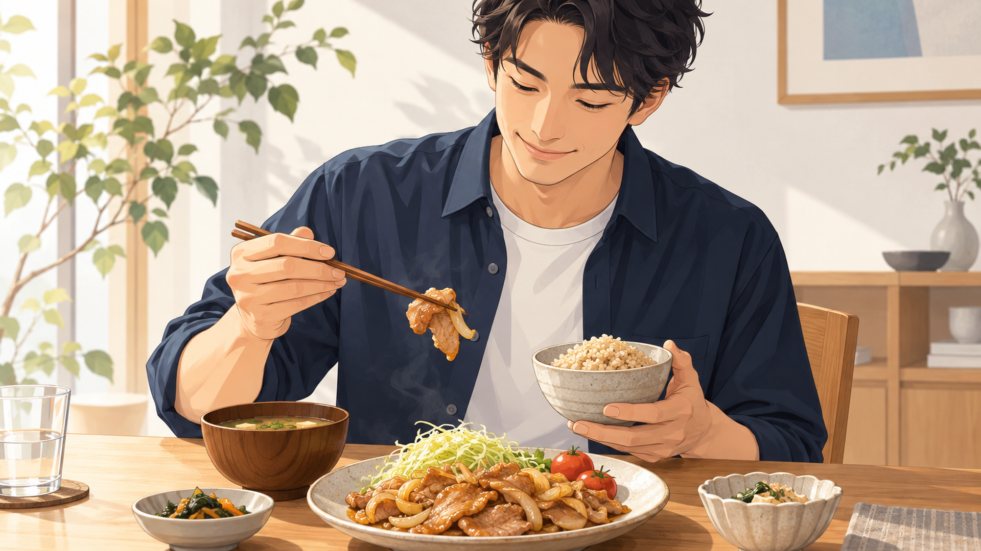 豚肉の生姜焼きと玄米ご飯の定食を食卓で食べる男性