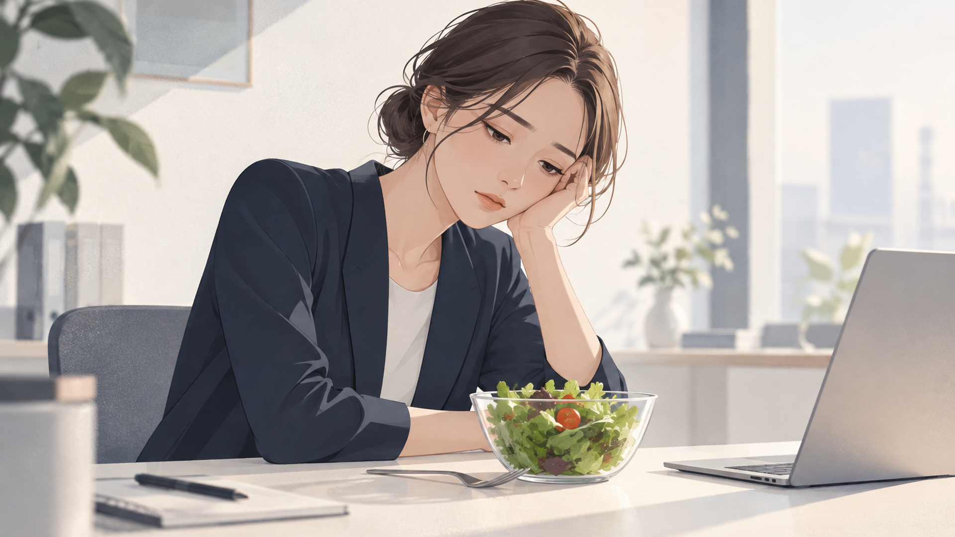 小さなサラダだけの昼食を前に疲れた表情でデスクに座る女性