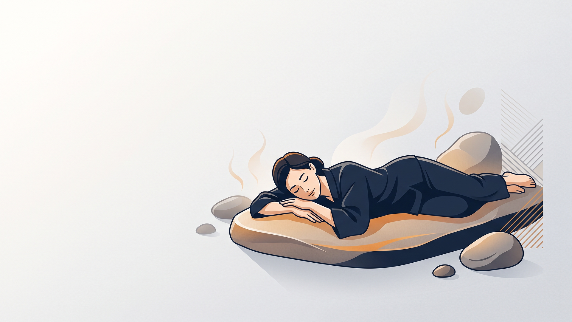 館内着姿で温かい岩盤の上に横になりくつろぐ女性のイラスト