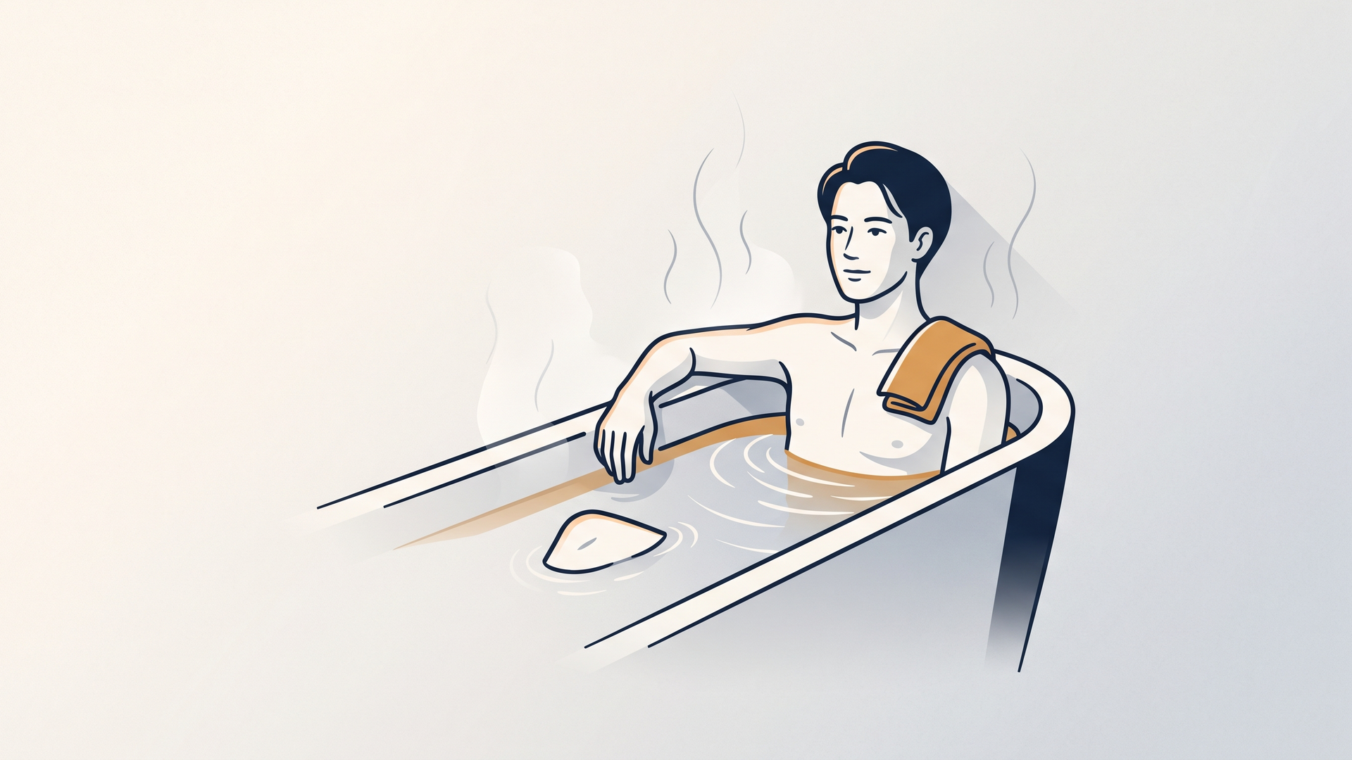 肩にタオルをかけ、みぞおちまでの湯量で半身浴をする人のイラスト