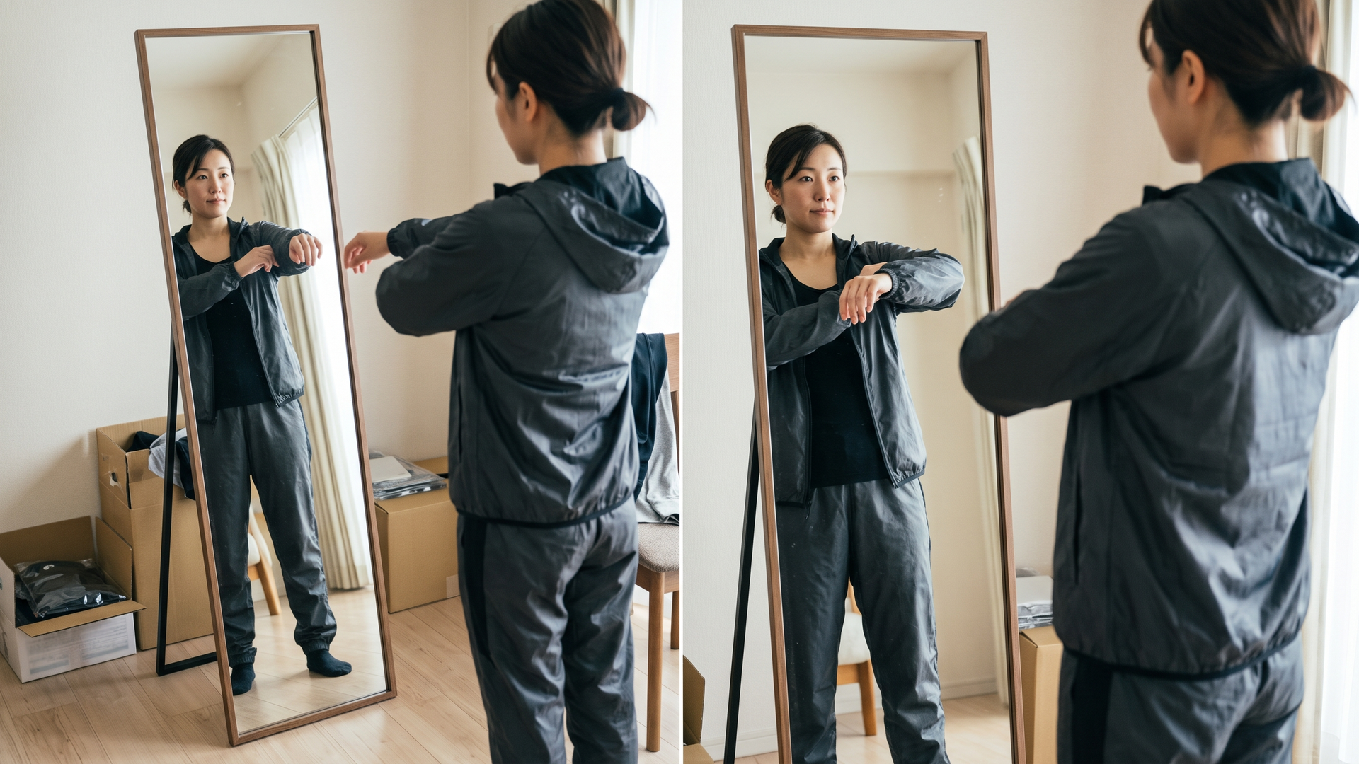 インナーの上からサウナスーツを試着し鏡の前で腕を回してサイズ感を確かめる日本人女性のリアルな写真