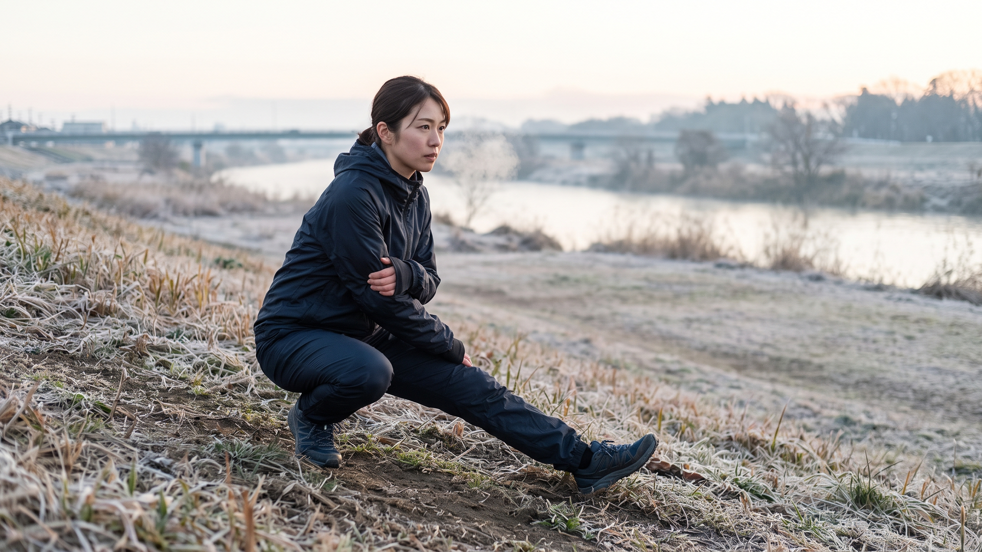 冬の朝の河川敷でサウナスーツを着てストレッチ・ウォームアップする日本人女性のリアルな写真