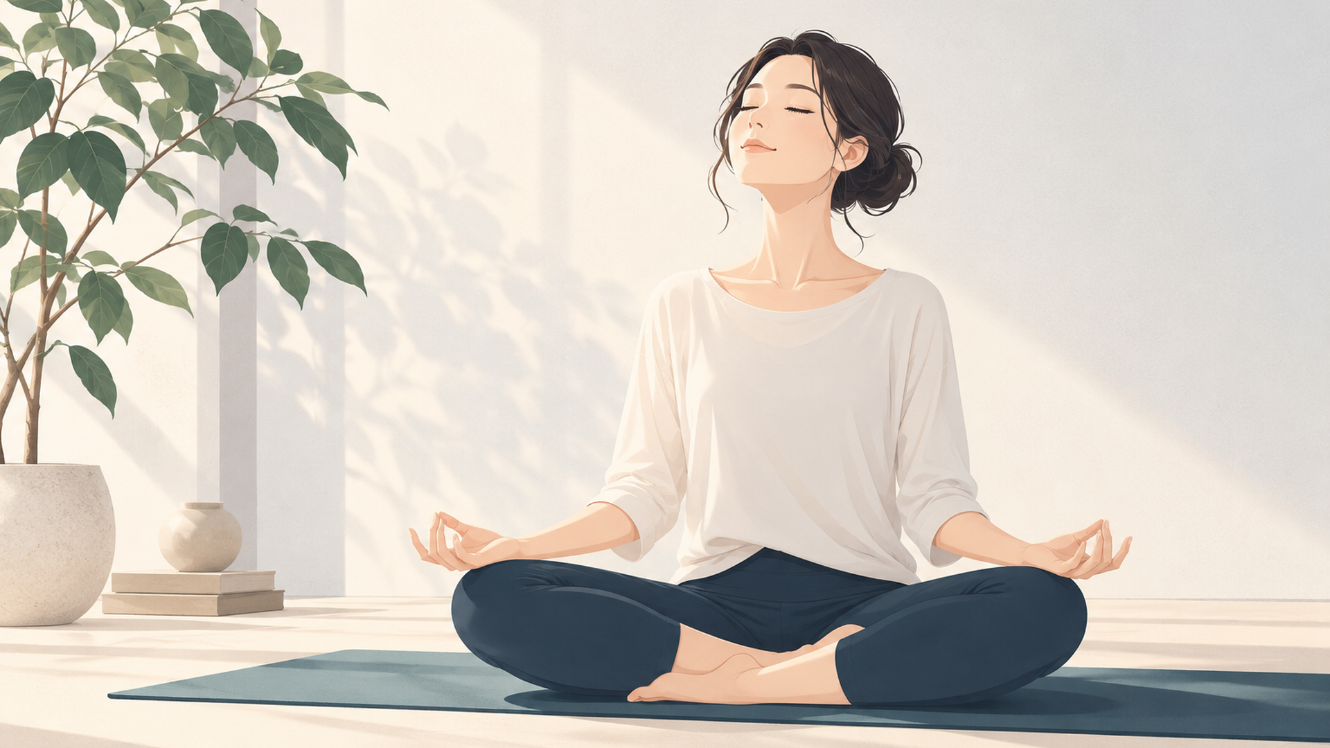 目を閉じて深い呼吸をしながらマットに座る人物のやさしいイラスト