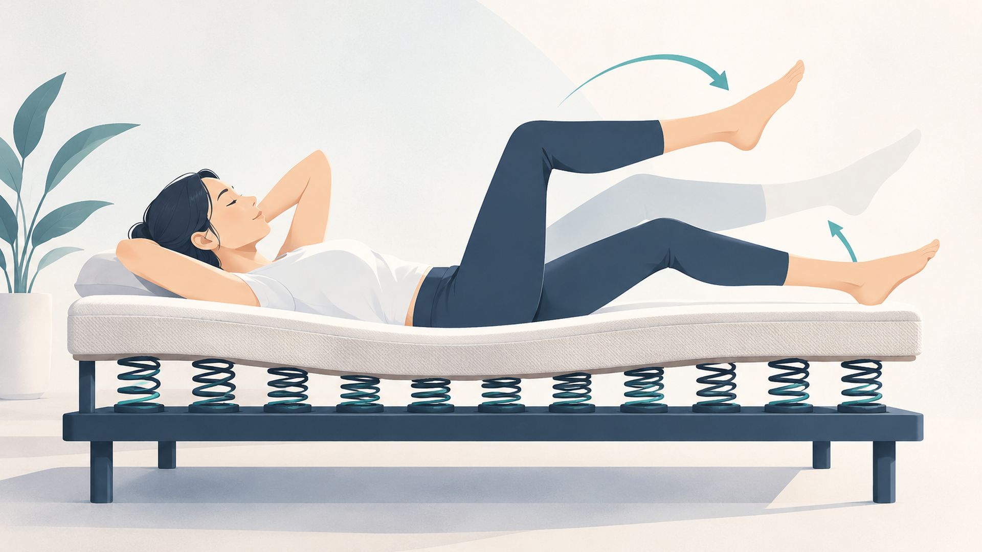 ばねを取り付けたベッドの上で寝たまま運動する人のイラスト