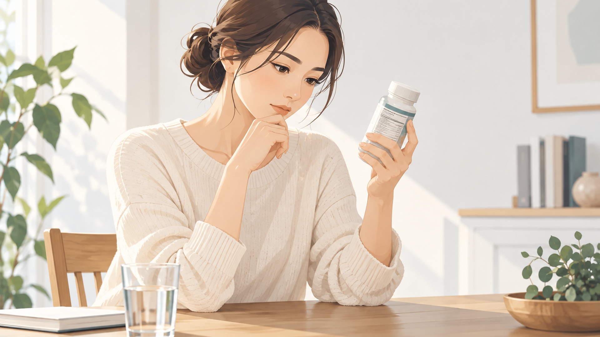 自宅のテーブルでサプリ容器の裏面の成分表示を真剣に読む女性