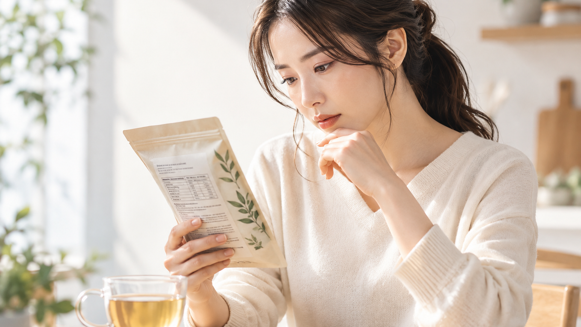 健康茶のパッケージ裏の原材料表示を真剣に確認する女性の写真