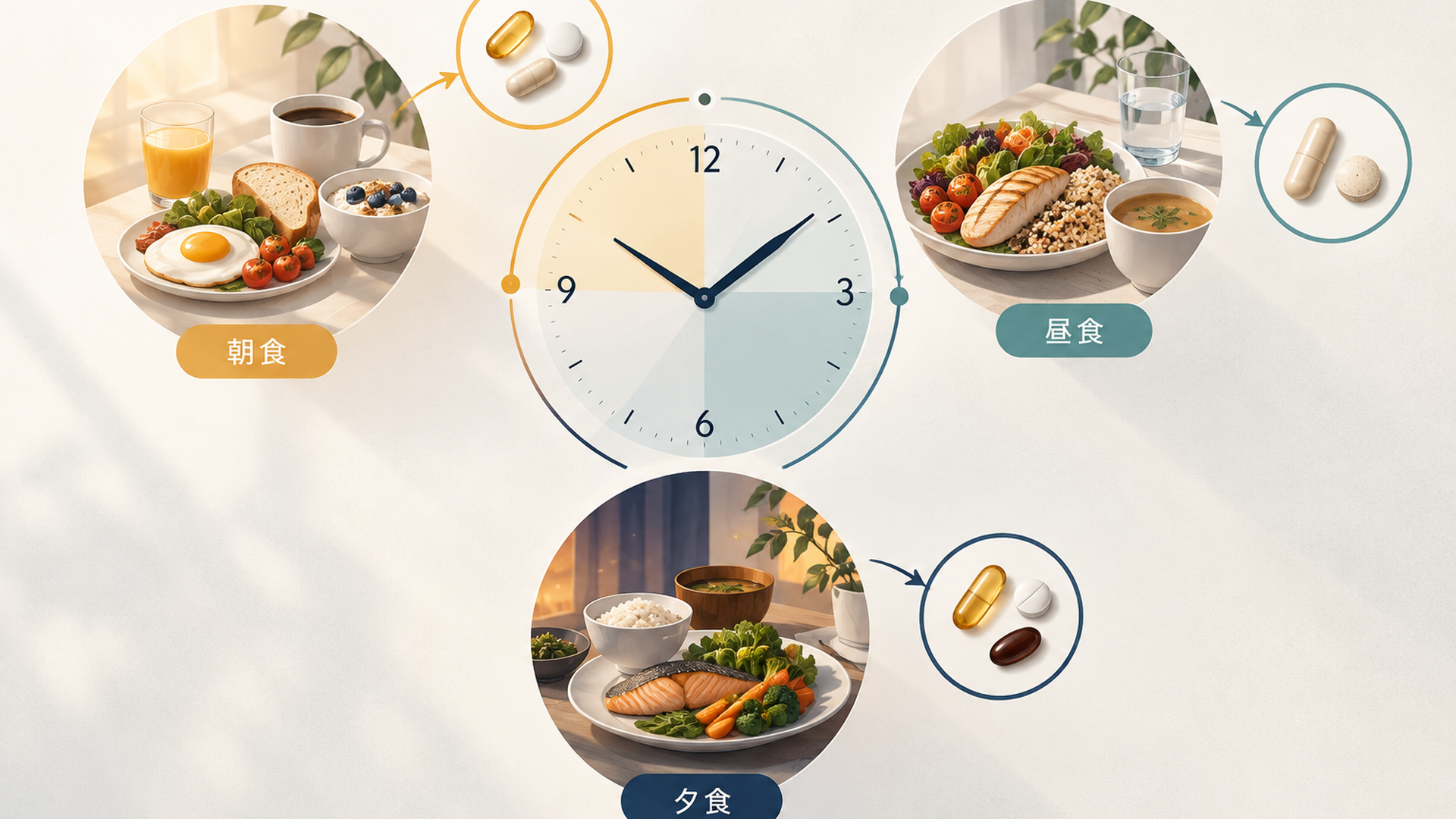 朝食・昼食・夕食の食卓とサプリを飲むタイミングを時計で示した図解イラスト