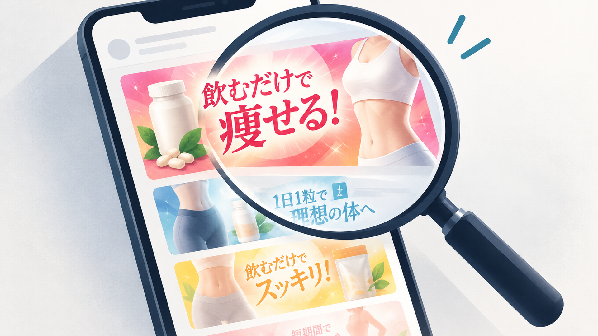 スマホ画面に並ぶ「飲むだけで痩せる」風の派手な広告バナーと虫眼鏡のイラスト