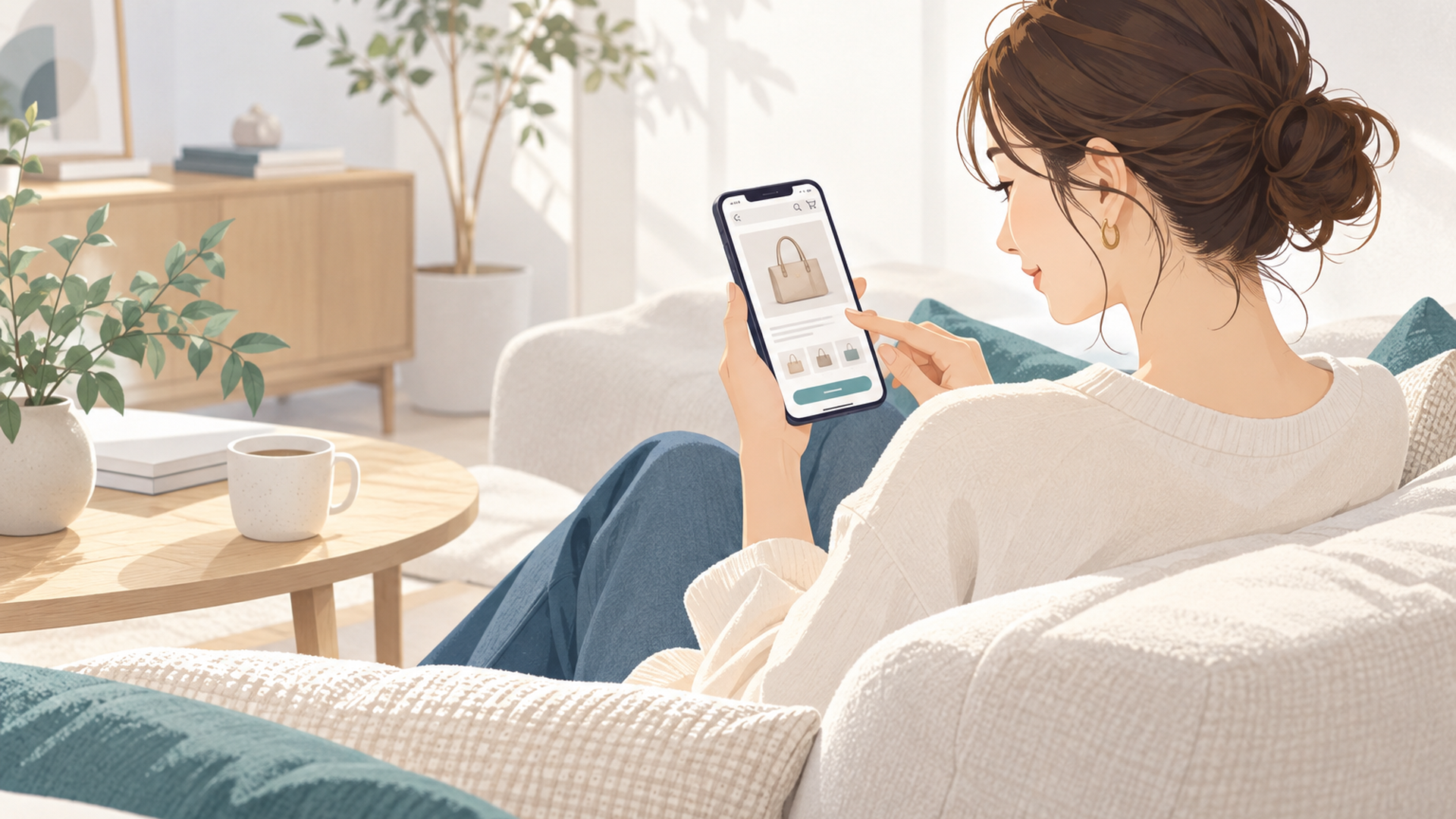 自宅のソファでスマートフォンの通販ページを見ながら商品情報を確認する女性