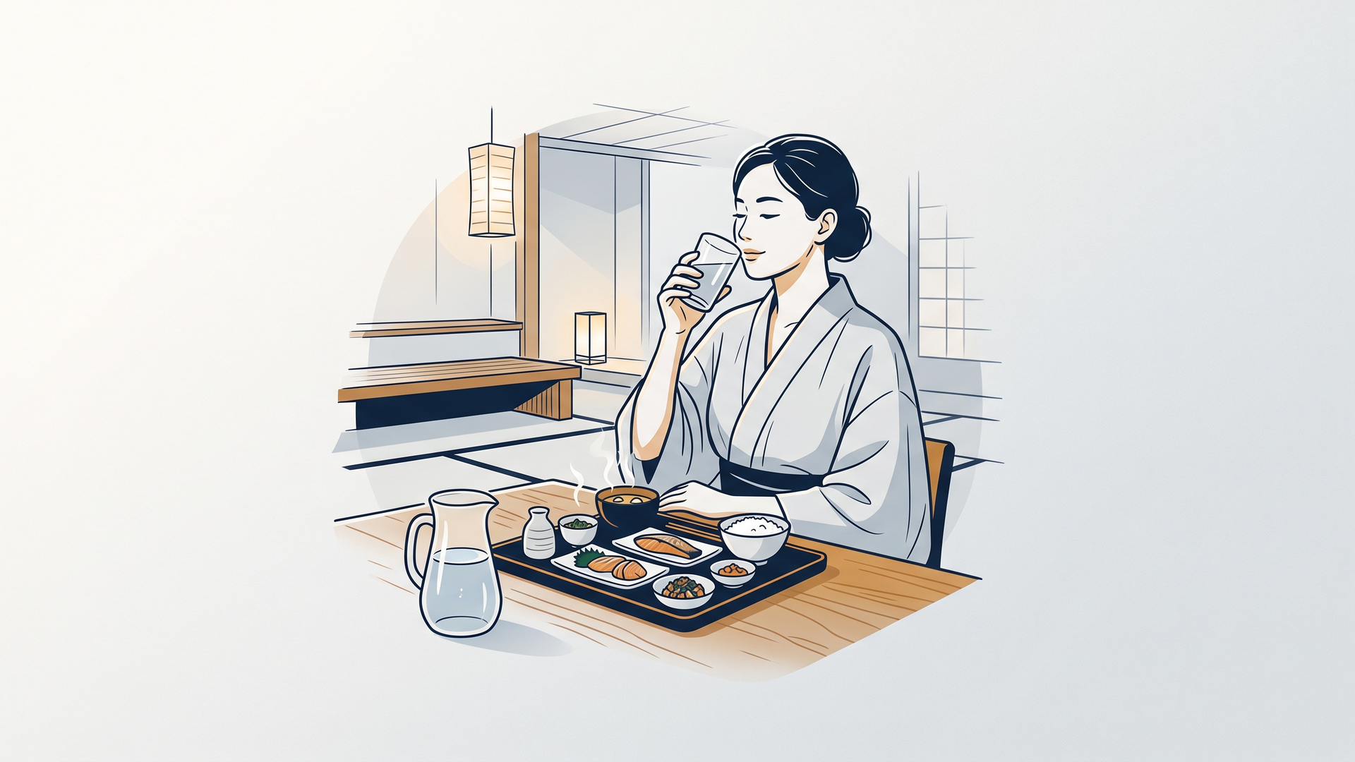 湯上がりに休憩処で水を飲み、バランスのよい定食を前にした女性のイラスト
