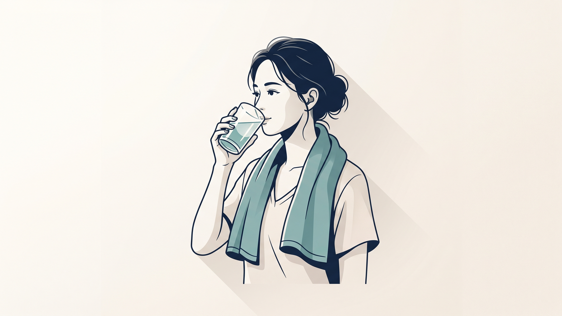 お風呂上がりにタオルを肩にかけ、コップの水を飲む日本人女性の実写写真