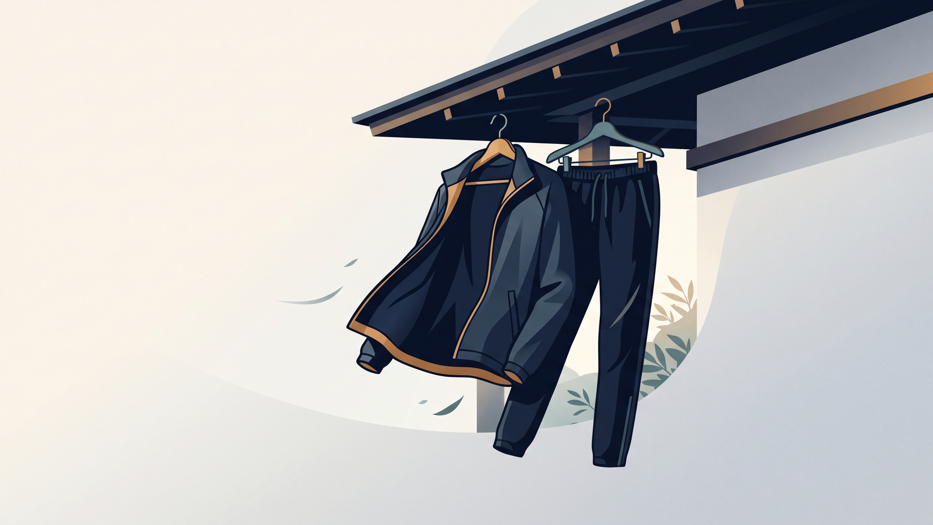 風通しのよい軒下の日陰でハンガーに裏返して干されたサウナスーツのイラスト