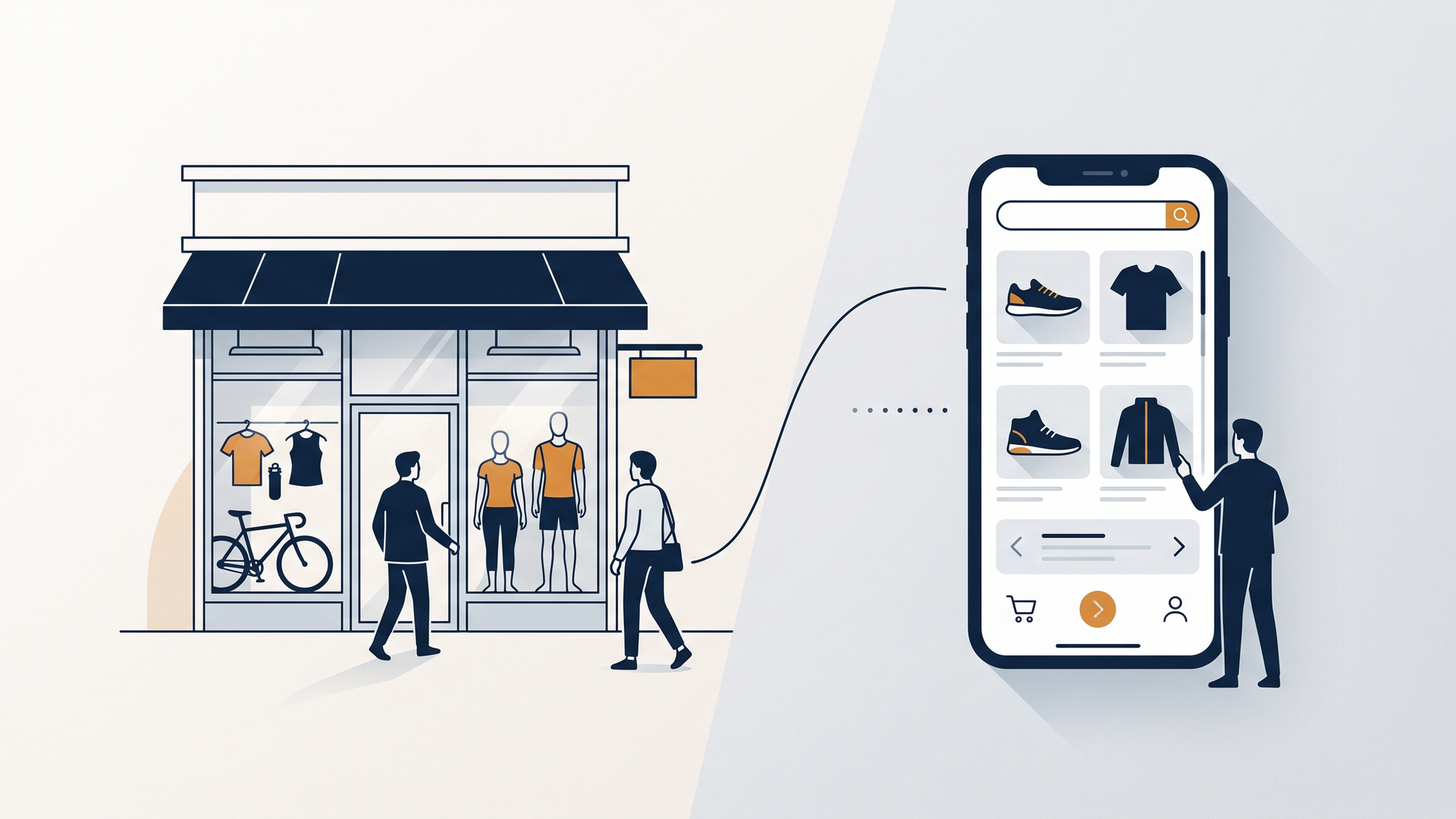 スポーツ用品店の店頭とスマホの通販画面を左右に並べて比較するイラスト