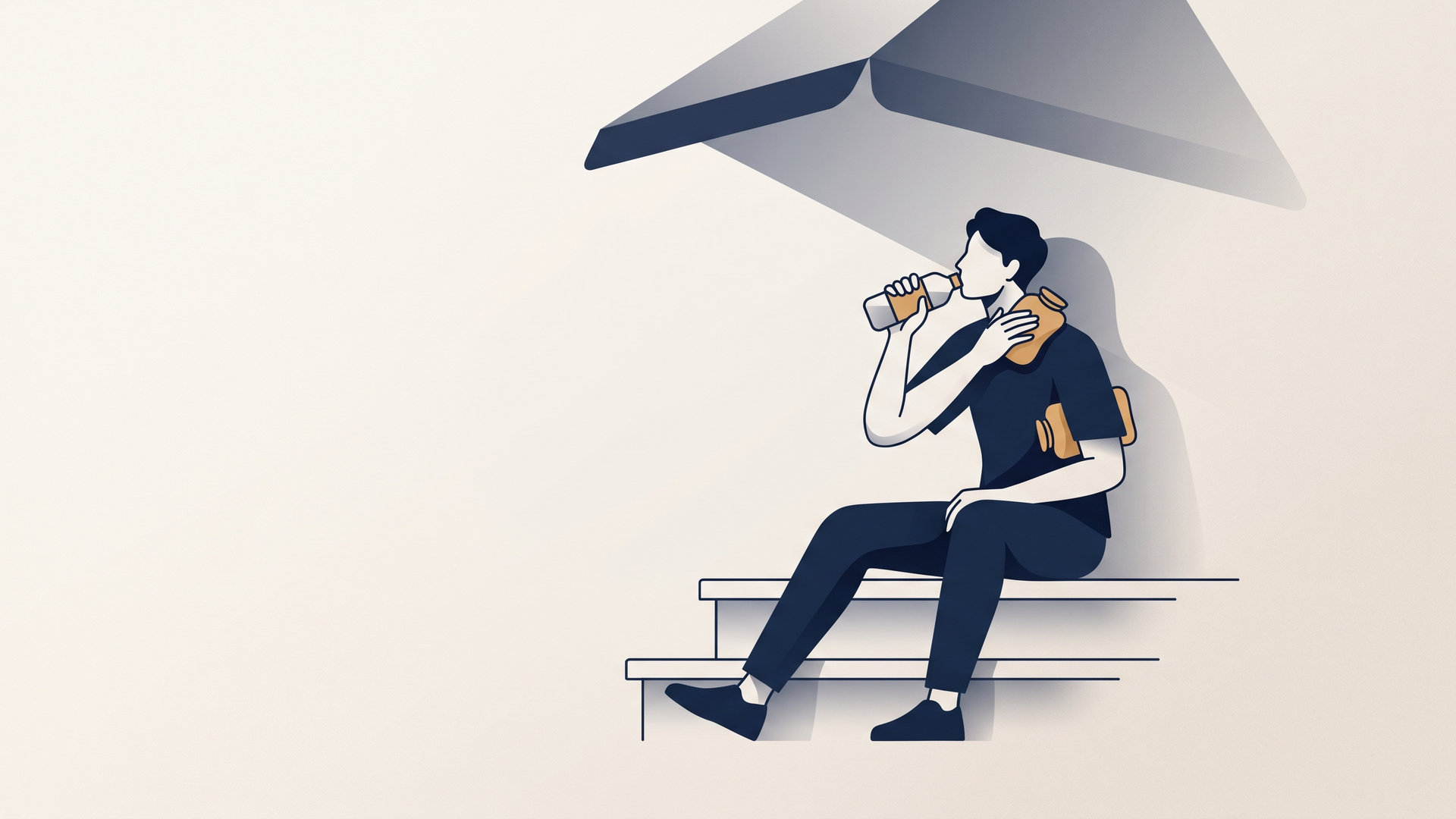 日陰で首とわきの下を保冷剤で冷やしながら経口補水液を飲んで休む人物のイラスト