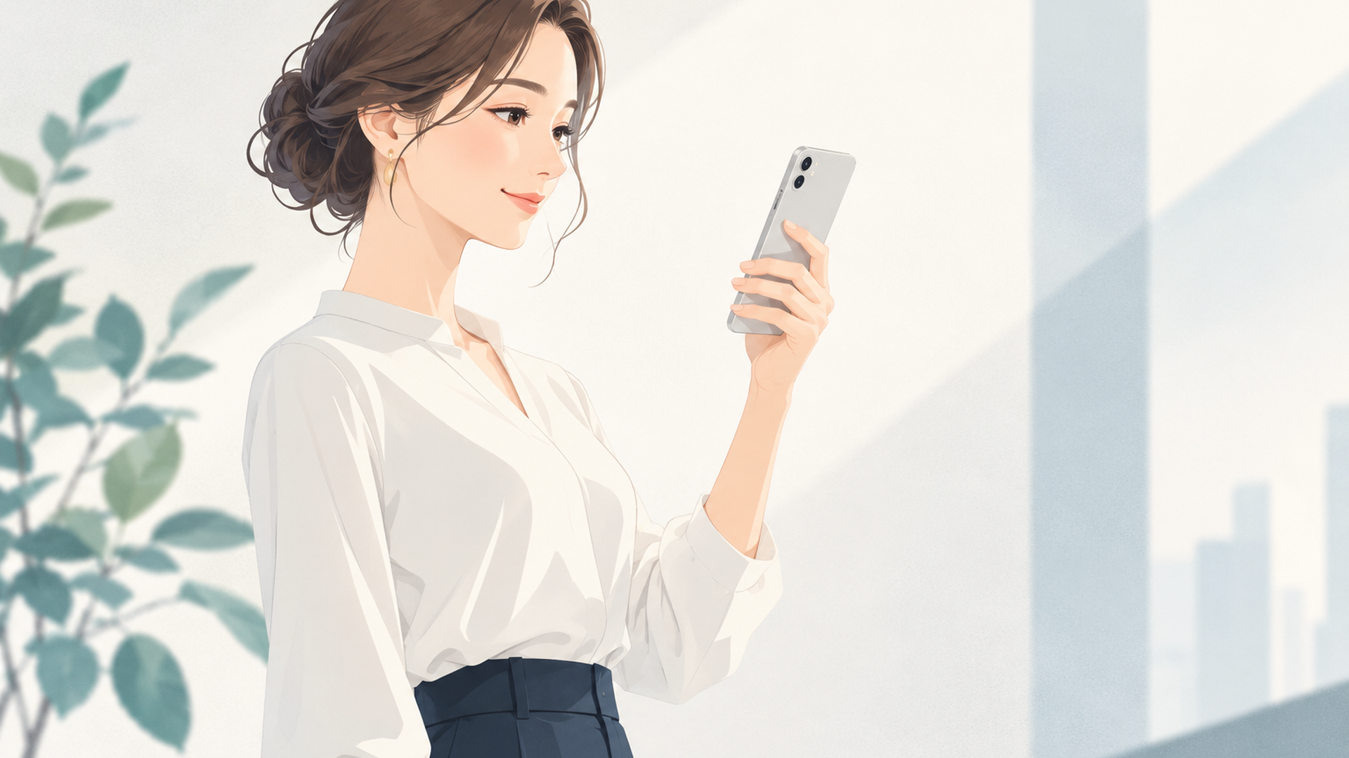 スマートフォンを目の高さに持ち、背筋を伸ばして画面を見る女性のやさしいイラスト