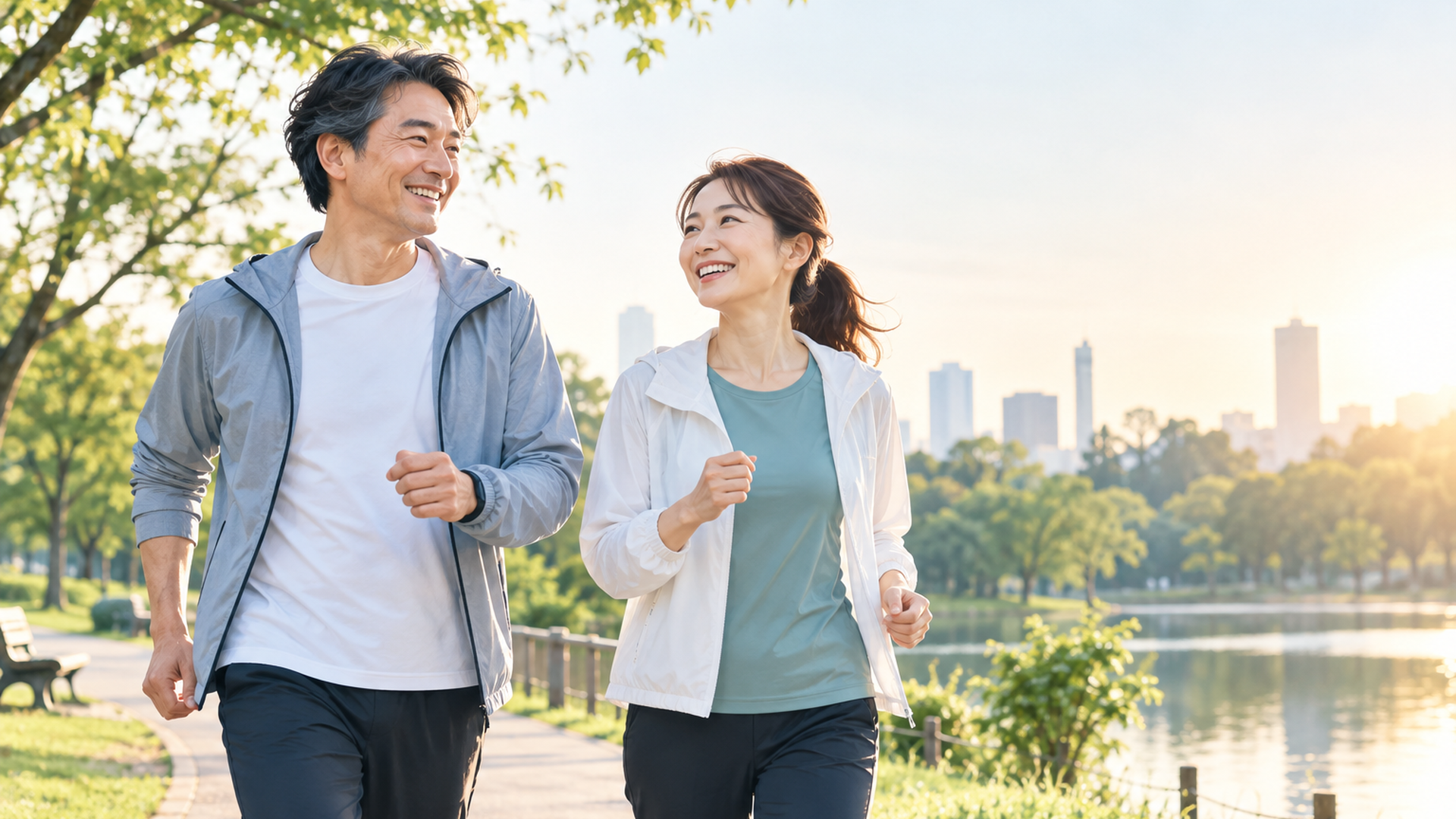 朝の公園で笑顔でウォーキングする男女の写真