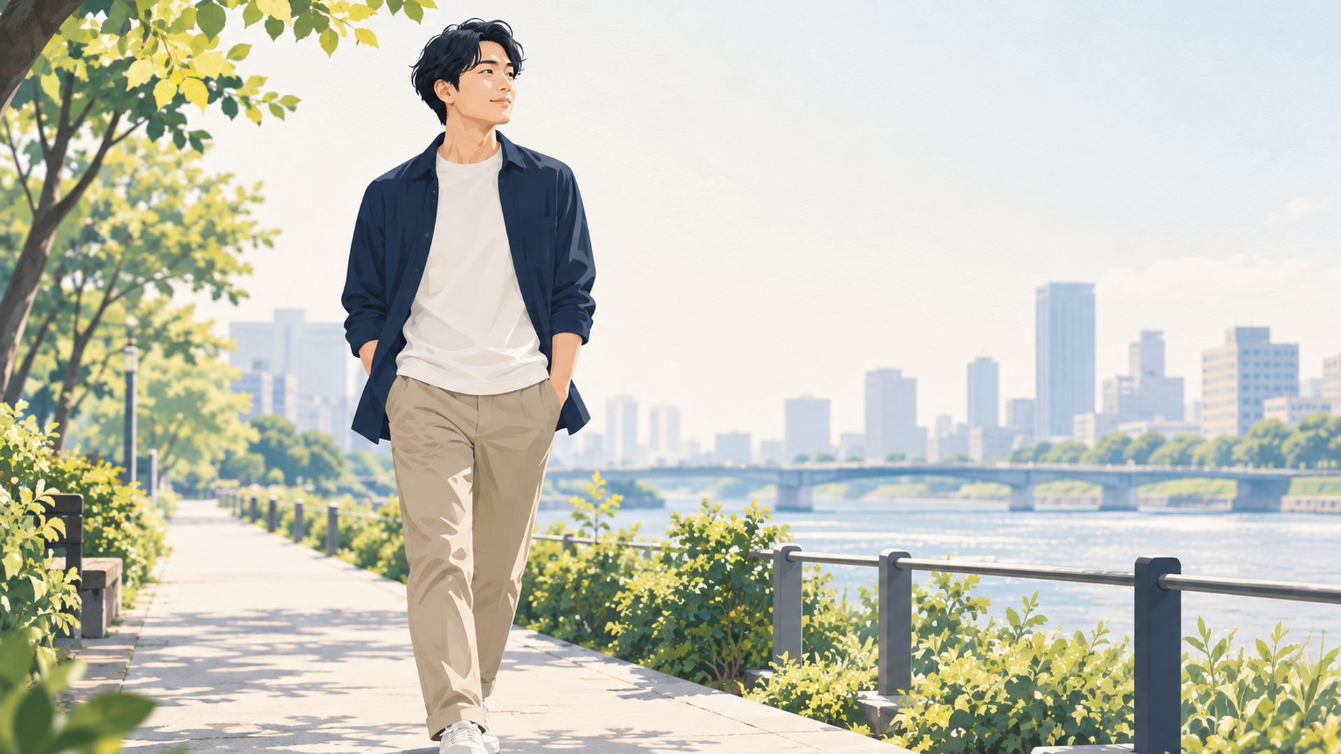 在宅勤務の合間に自宅近くを散歩するスーツ姿ではない日本人会社員